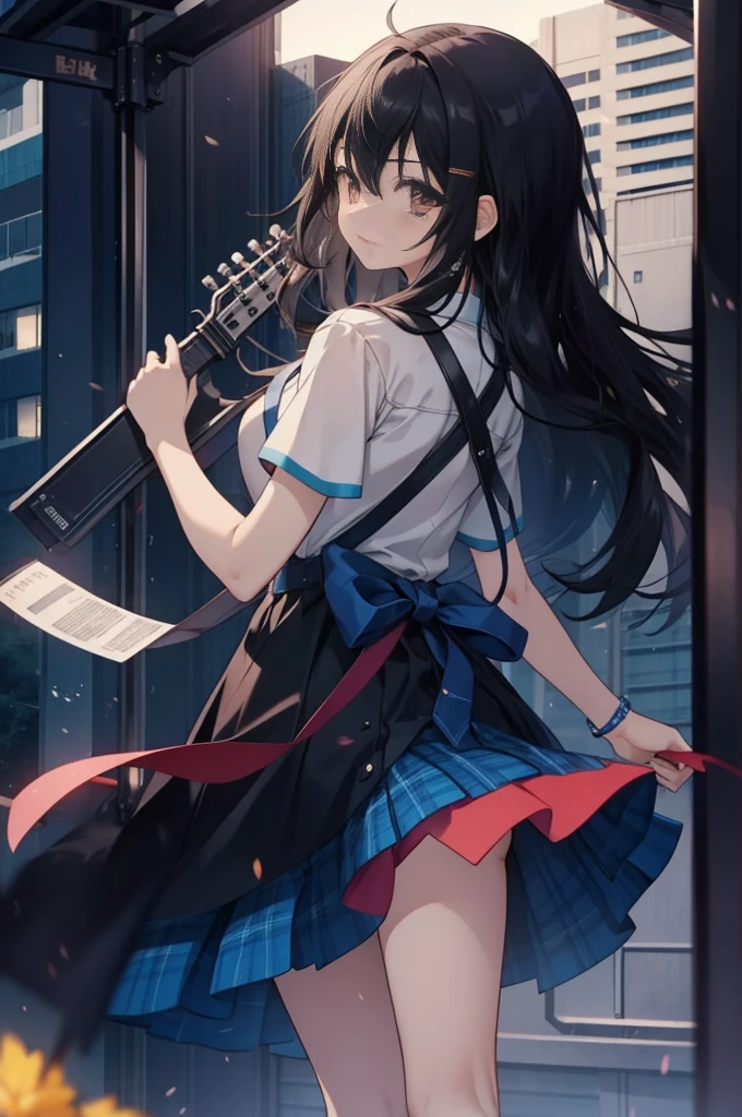 yukina, 1 girl, 一人in, length_hair, looking for_in_viewer, 前hair, shirt, black_hair, hair_between_eye, Brown_eye, dress that shows the middle,stiletto heels,party venue,Carrying a guitar case on your back