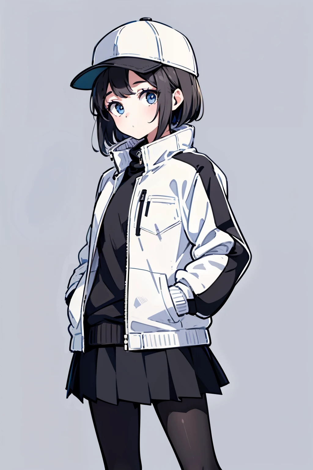 1girl, solo, blue eyes, (detailed eyes), flat chest, short hair, black hair, (baseball cap), white cap, (waterproof jacket), large jacket, (white jacket), skirt, black skirt, black socks, standing, hands in pockets, ((Closed sweater)), upper body, (white background), Transparent background, looking at viewe, ((masterpiece, illustration, best quality))