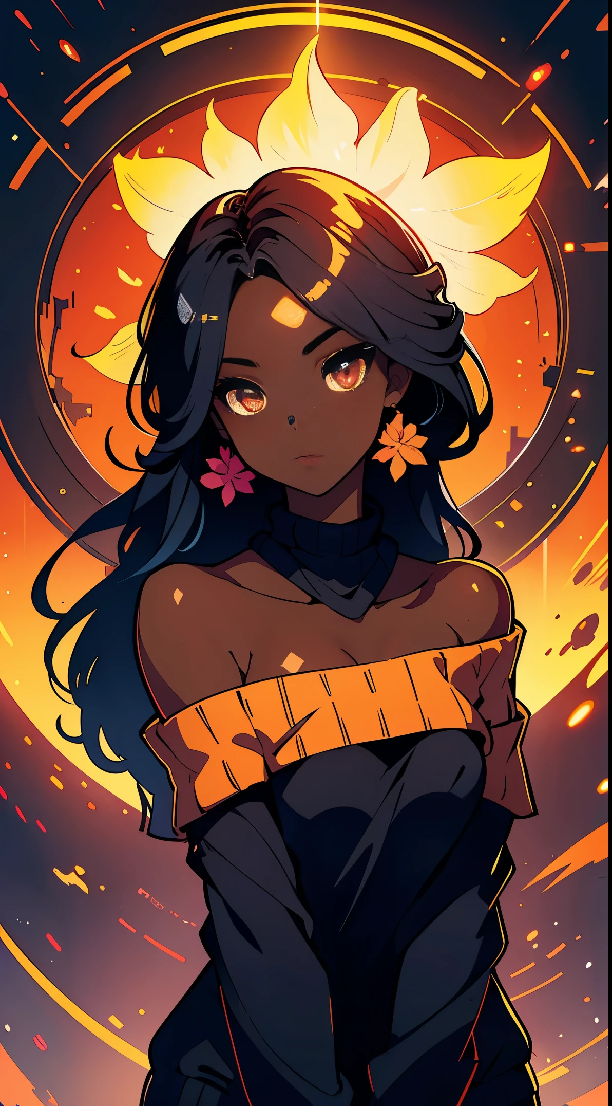 Upper body shot, ((beautiful black woman with flawless dark skin)), long hair with gradient glow, flare, electric colors, clearly defined facial features, big detailed eyes, ((( wearing an off the shoulder sweater))) glowing flowers in the background, masterpiece, best high quality image,96k, uhd, depth of field, 1080P wallpaper, spotlight, character focus, high quality, insanely detailed, UHD picture quality in the style of Amy Sol