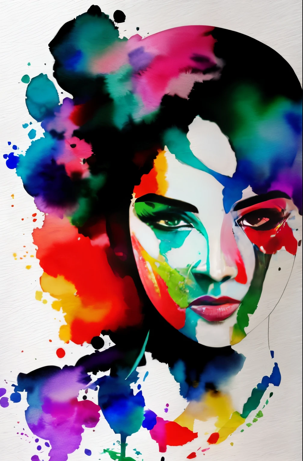 painting of a woman with a black and white face, Sylvia Pelissero watercolors, tumbler, abstract art, Intense watercolor painting, watercolor detailed art, Watercolor Splash, surreal, Avant-garde pop art, Beautiful and expressive paintings, Beautiful artwork illustration, very colorful tones, wonderful, cool beauty, highest quality,official art, women only, sharp outline, best shot, vector art