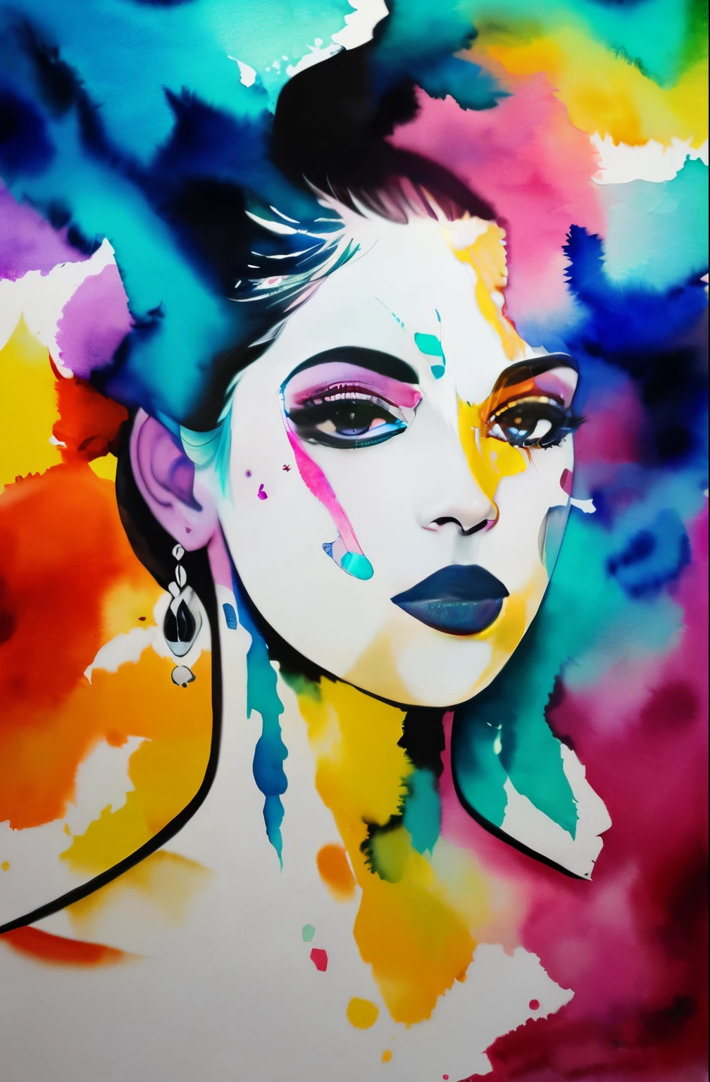 painting of a woman with a black and white face, Sylvia Pelissero watercolors, tumbler, abstract art, Intense watercolor painting, watercolor detailed art, Watercolor Splash, surreal, Avant-garde pop art, Beautiful and expressive paintings, Beautiful artwork illustration, very colorful tones, wonderful, cool beauty, highest quality,official art, women only, sharp outline, best shot, vector art