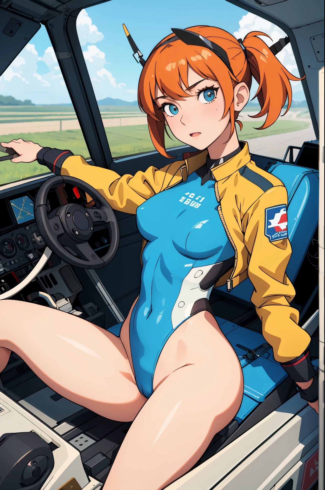 (masterpiece),( best quality), 1girl, pilot, flying helicopter, from cockpit, leotard