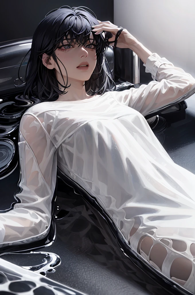 (view from back) woman Lying on stomach with hands propping up head, (shirt, tie, pants:0.5) (detailed realistic face), (((hyperdetailed))), zoomed out, symmetrical face, detailed pupil, expressive eyes, makeup, real photography, modern look, Real photography (Realisitc:1.5), han Sooyoung, naked, nude, white liquid on lips, black lingerie, blushing, short hair, white liquid on face