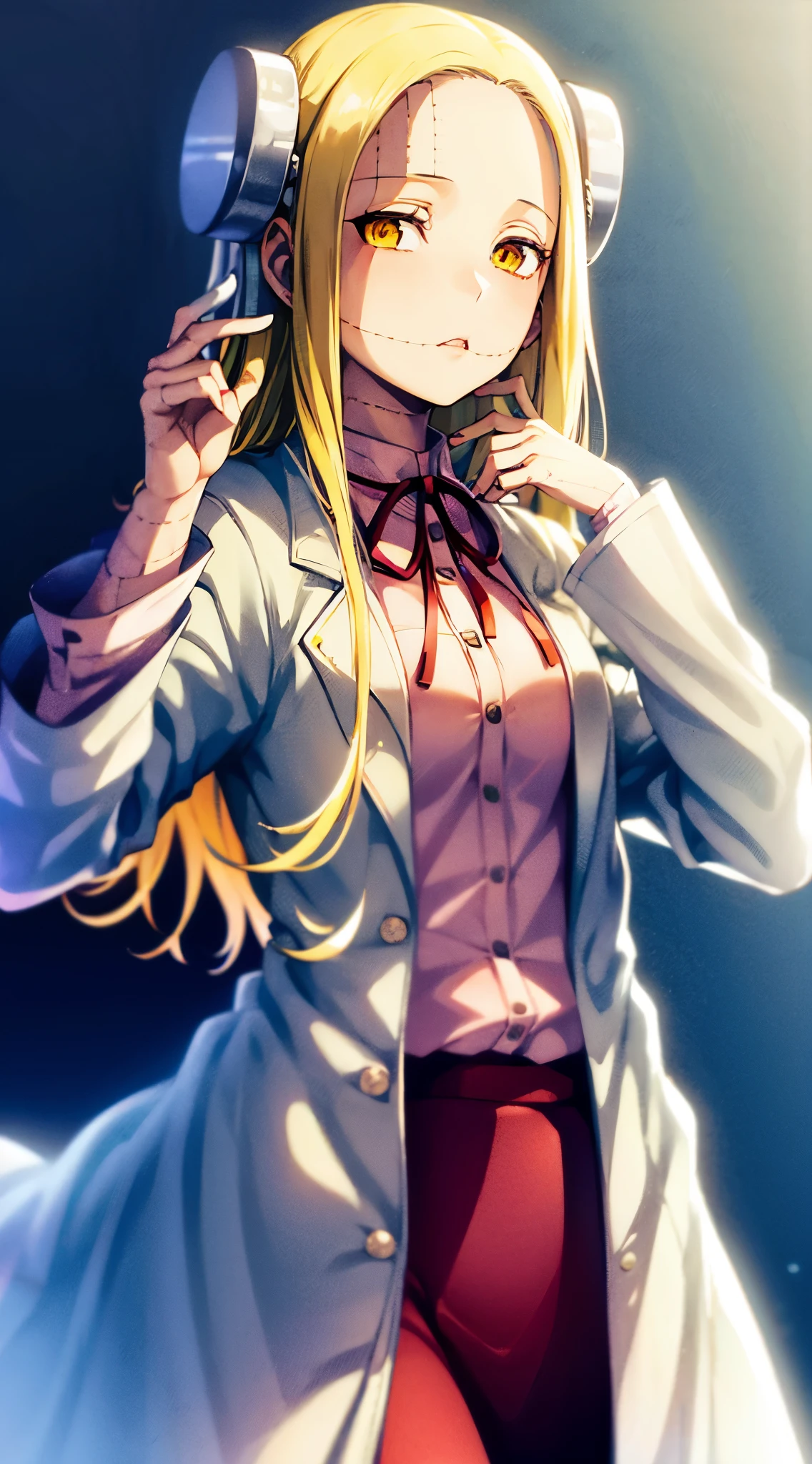 Madaraki_Fran,young woman, ((((wearing a white lab coat)))),((worried)), long hair , yellow hair,seams , Scars on the body , (hands up),speaks to a person,worried