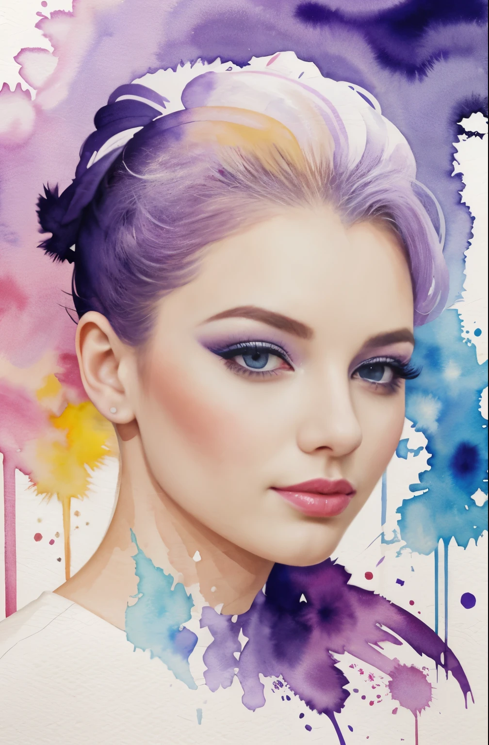 Painting of a woman with a purple and white face, Sylvia Pelissero watercolors, tumbler, abstract art, Intense watercolor painting, watercolor detailed art, Watercolor Splash, surreal, Avant-garde pop art, Beautiful and expressive paintings, Beautiful artwork illustration, very colorful tones, wonderful, cool beauty, highest quality,official art, women only, sharp outline, best shot, vector art