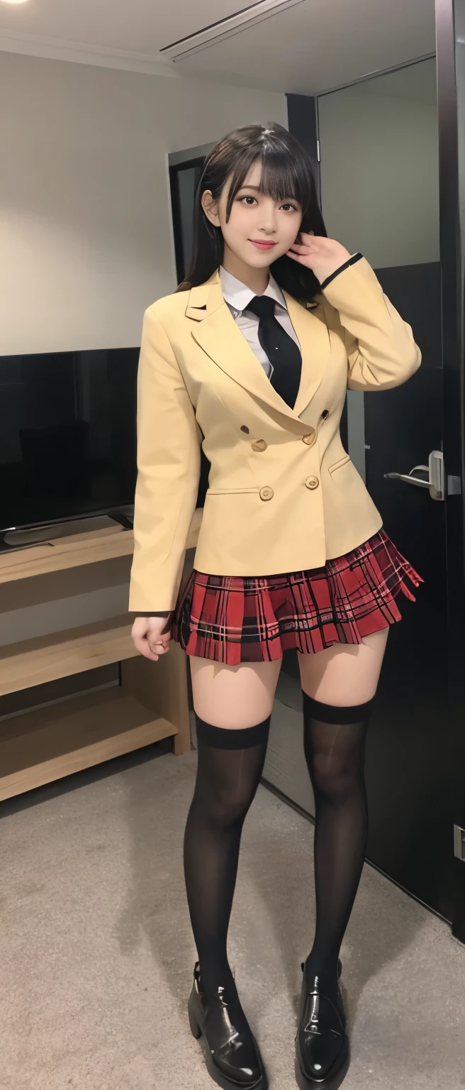 giant idol(180cm)、、Full body Esbian、、yellow plaid miniskirt uniform、good style、big breasts、black hair、thick legs