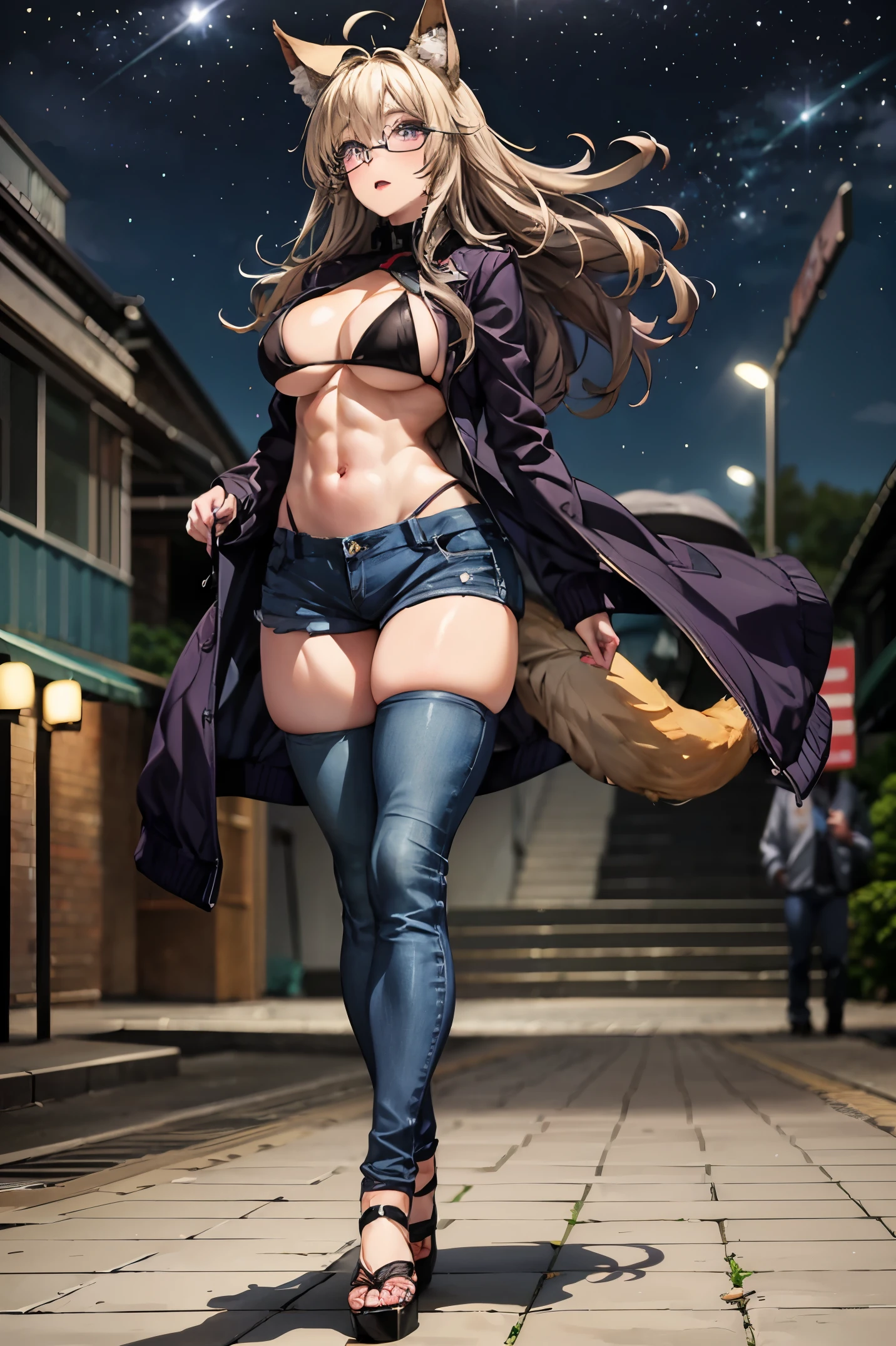 {{best quality}}, {{masterpiece}}, {{ultra-detailed}}, {illustration}, {detailed light}, {an extremely delicate and beautiful}, a girl, {beautiful detailed eyes}, purple eyes, blonde hair, stars in the eyes, messy floating hair, colored purple inner hair, Starry sky adorns hair, depth of field, beautiful, skinny, thin, long legs, cute legs, muscles, perfect body, perfect hands, glasses, sexy, (((purple eyes))), fox ears, fox tail, animal ears, muscles, hourglass_figure, Brown airforce jacket, short jeans, short shorts, full body, full_body, (((glasses))), white bikini, sandals, brown jacket, very skinny girl, skinny girl, beefcake, standing, walking down the steet, high heels, tall girl, 21 years old, anime, super model, wind blowing through her messy blonde hair. open shirt, big breasts, big boobs, underboob, cleavage, brown jacket, photoshoot, night,
