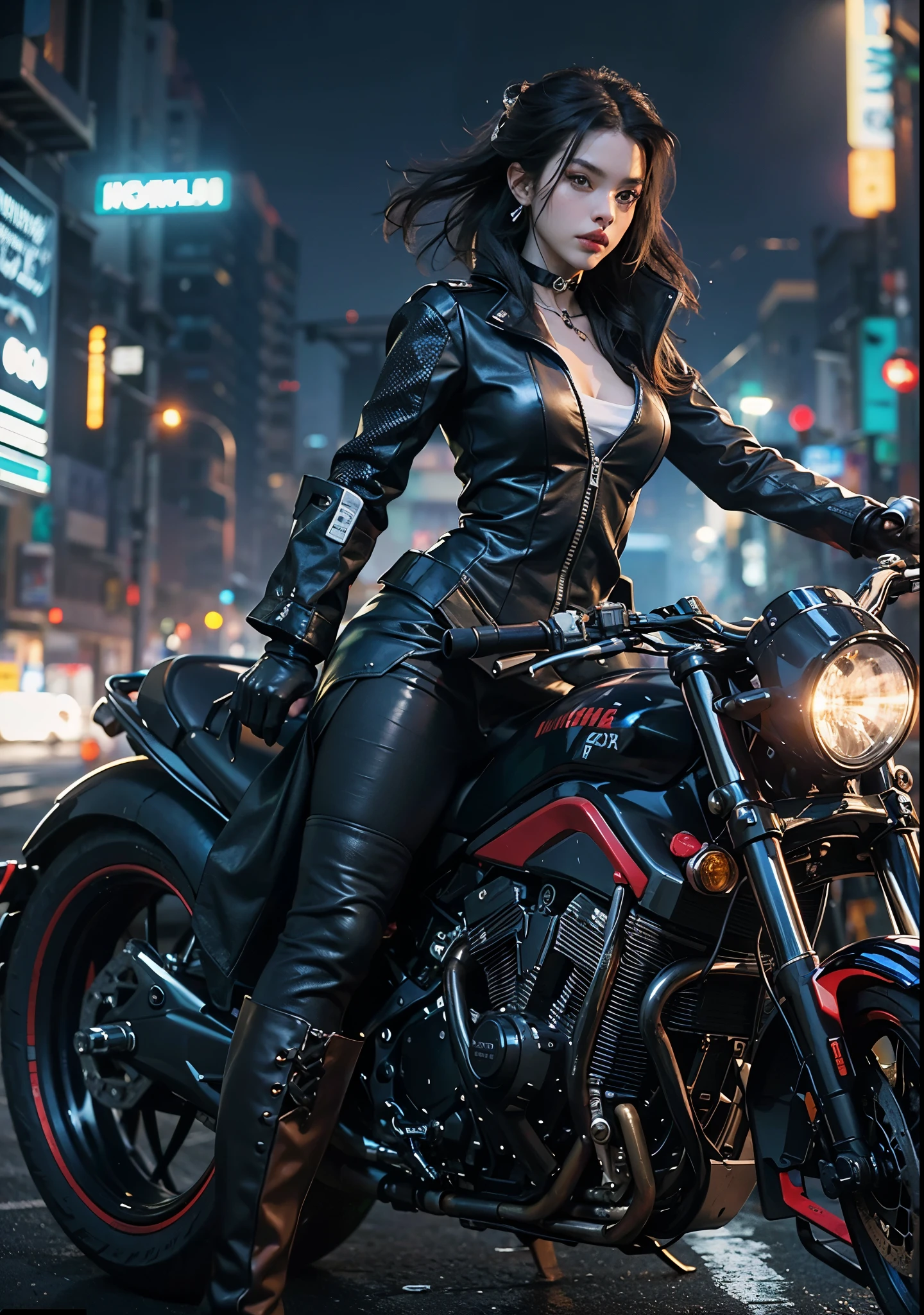 Huntress riding a high-tech motorcycle, Shoot high-tech artillery, Sparks from the gun, (1 female, brown eyes, white skin, Twin-tailed black hair, choker, small breasts, skinny, lip whole, compensate, eyeliner, Russia), Wearing black one-piece leather armor, Long leather gloves, long Leather boots, In a cyberpunk town at night, (cyberpunk theme), (masterpiece, highest quality, 8K, sharp focus, Depth of bounds written, best shadows, perfect light, HDR, realistic skin texture, Ultra-detailed and detailed background), wide shot