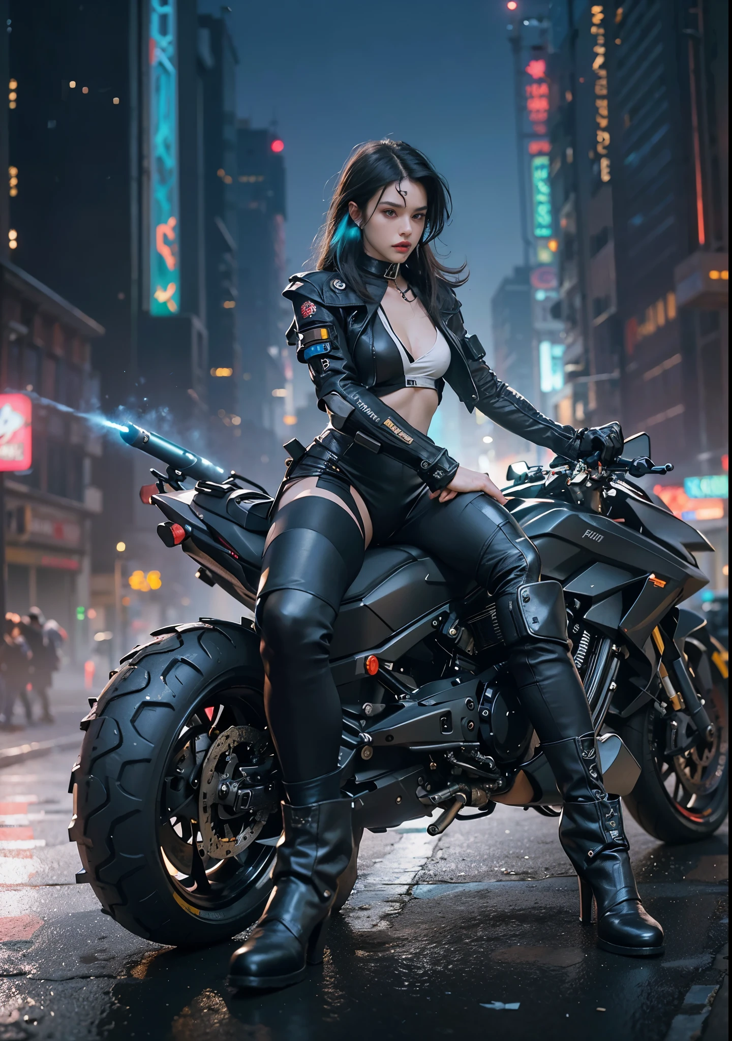 Huntress riding a high-tech motorcycle, Shoot high-tech artillery, Sparks from the gun, (1 female, brown eyes, white skin, Twin-tailed black hair, choker, small breasts, skinny, lip whole, compensate, eyeliner, Russia), Wearing black one-piece leather armor, Long leather gloves, long Leather boots, In a cyberpunk town at night,  (cyberpunk theme), (masterpiece, highest quality, 8K, sharp focus, Depth of bounds written, best shadows, perfect light, HDR, realistic skin texture, Ultra-detailed and detailed background), wide shot