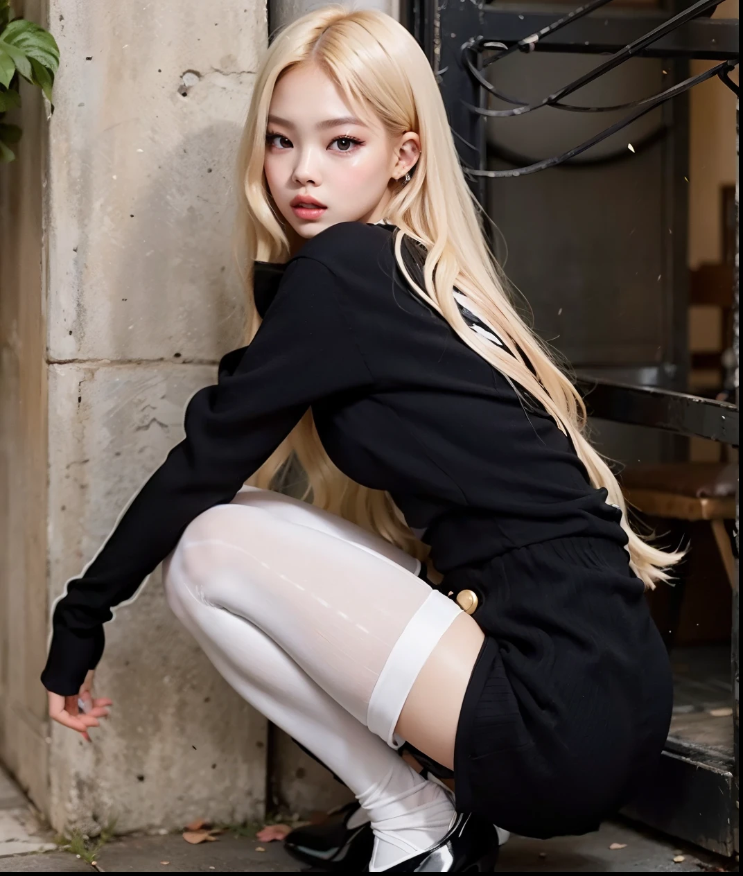 Blonde blackpink Jennie in black and white outfit sitting on the floor, parque roseanne de blackpink, traje apertado, ava max, garota de cabelos brancos perfeita, roupa apertada, com longos cabelos loiros, cara bonita with arms and legs, com cabelos longos brancos, Menina coreana, coxa e saia, vestido apertado, imagem de perfil, wearing white tights, corpo todo! cara bonita,  jennie blackpink face 