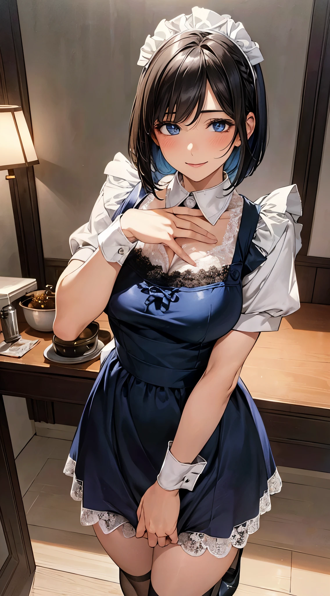 (masterpiece:1.2, top-quality), (realistic, photorealistic:1.4), beautiful illustration, (natural side lighting, movie lighting),
looking at viewer, cowboy shot, front view:0.6, 1 girl, japanese, maid, perfect face, cute and symmetrical face, shiny skin,
(short hair:1.2, bob cut:1.2, black hair), asymmetrical bangs, blue eyes, (large breasts:0.8, thick thighs),
beautiful hair, beautiful face, beautiful detailed eyes, beautiful clavicle, beautiful body, beautiful chest, beautiful thigh, beautiful legs, beautiful fingers,
(({maid dress | pinafore dress}, maid headdress, maid shoes, short socks with lace)), white panties,
(beautiful scenery), {day|night}, {kitchen room | dining room | living room}, standing, {hands on chest | hands between legs}, (lovely smile, upper eyes),