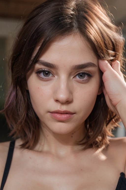 Aida Baiardi) (hyper realistic) (8k photography) natural beauty, lilac hairs, medium hairs, (perfect face) dark blue big eyes, upturned nose, full lips, slim and athletic,