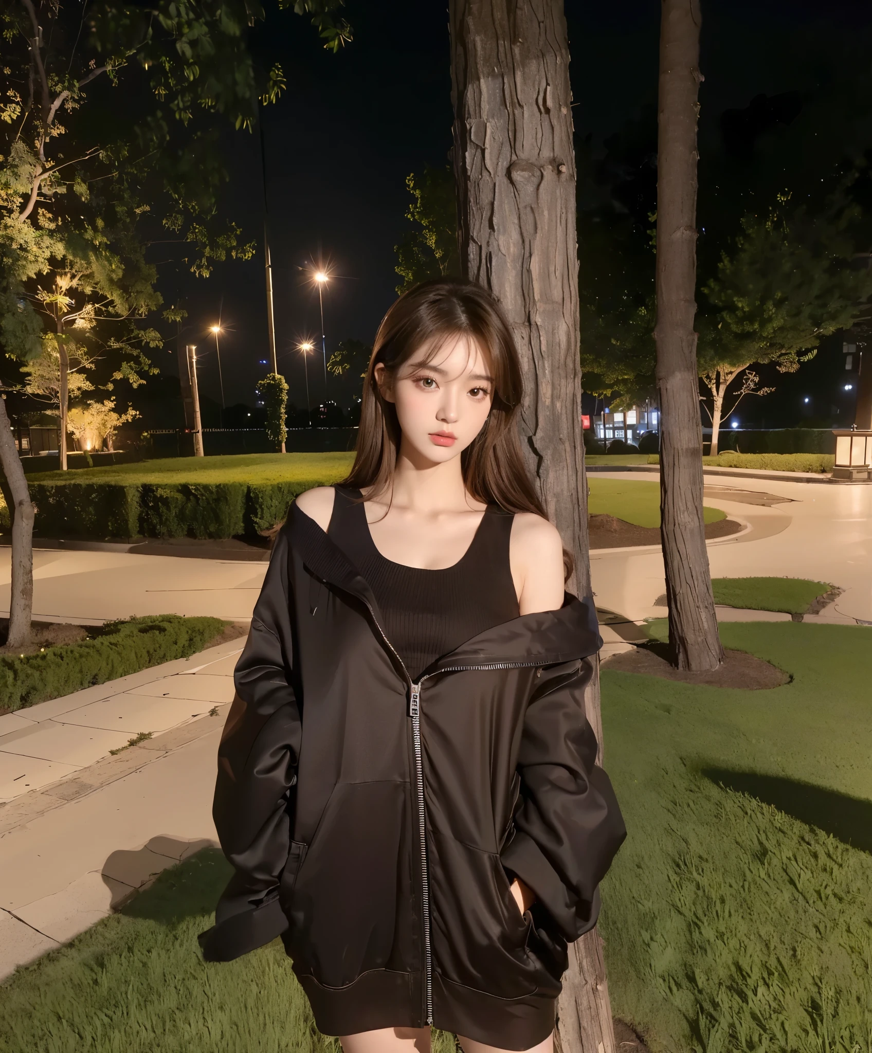 ((Night view, realistic light, best quality, 8k, masterpiece: 1.3)), korean girl, pretty woman with slim figure: 1.4, (brown hair: 1.3), off-the-shoulder cut top: 1.3, super detailed face, detailed eyes, double eyelids