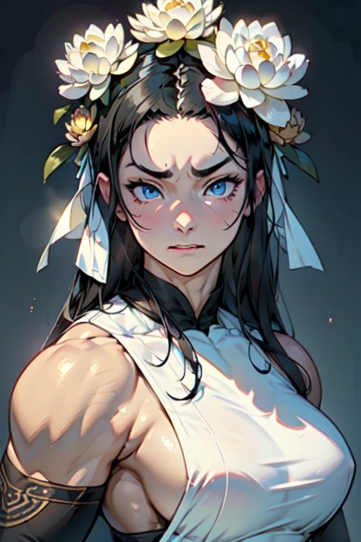 (((Hysterical expression with hidden eyebrows))), beautiful, masterpiece, background, highest quality, Detailed image, ((((((1 girl)))))), ((((((muscular)))))), (((((portrait))))), 1 girl, alone, detailed face, Jaw roundness, (golden blue eyes, big), (glossy red lips), ((((abundant, shiny black hair)))), female focus, perfect eyes, Crystal clear white skin, Day々, 暖かいDay差し, atmosphere, clear texture, delicate texture, (Wearing gorgeous ancient Buddhist ornaments), (A number of exquisite white lotus ornaments々),