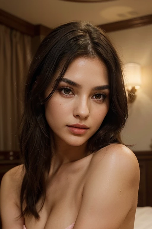 imagine a 21 year old woman with a refined and symmetrical facial structure, denoting classical beauty. Her complexion appears to be smooth and has a healthy, natural glow, suggesting a light olive skin tone. Her eyes are almond-shaped and have a compelling, intense gaze that could be described as deep green. These eyes are framed by neatly shaped, medium-thick eyebrows that arc gently over her eyelids. Her hair is long, reaching below shoulder length, and displays a rich, jet black color. It has a subtle wave, giving it volume and a soft, flowing appearance. The hair is parted slightly off-center, and some strands gently frame the sides of her face, enhancing her cheekbones. Her lips are full and well-defined, with a soft pink shade of lipstick that accentuates their shape without overpowering her natural look. Her makeup is minimal, aiming to enhance her features rather than transform them, with perhaps a hint of mascara to bring attention to her eyes.