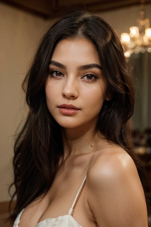 imagine a 21 year old woman with a refined and symmetrical facial structure. Her complexion appears to be smooth and has a healthy, natural glow, suggesting a light olive skin tone. Her eyes are almond-shaped and have a compelling, intense gaze that could be described as deep hazel green. These eyes are framed by neatly shaped, medium-thick eyebrows that arc gently over her eyelids. Her hair is long, reaching below shoulder length, and displays a rich, dark brown color. It has a subtle wave, giving it volume and a soft, flowing appearance. The hair is parted slightly off-center, and some strands gently frame the sides of her face, enhancing her cheekbones. Her lips are full and well-defined, with a soft pink shade of lipstick that accentuates their shape without overpowering her natural look. Her makeup is minimal, aiming to enhance her features rather than transform them, with perhaps a hint of mascara to bring attention to her eyes.