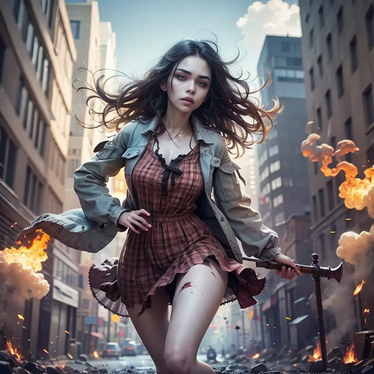 sunny mid day，8K clarity，Cinematic light and shadow，one girl,looking camera,look tired, She wore summer dress, destroye dress,that reveal underwear，Run away ,au second plan,  There  a large group of zombies chasing her, on back ground Flames and general destructionof of city