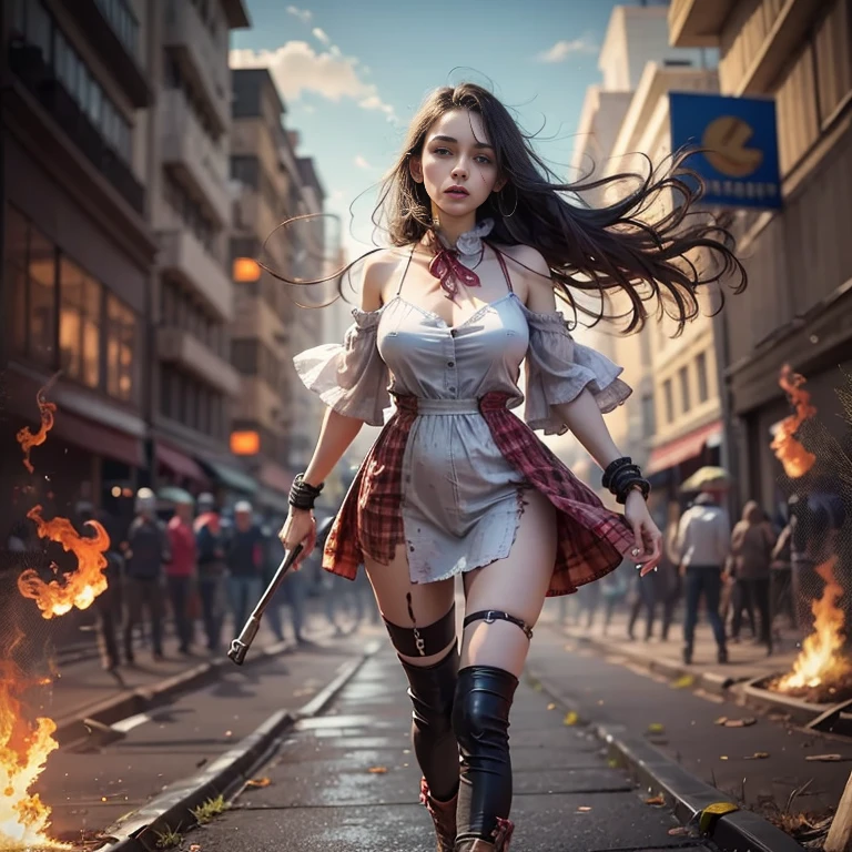 sunny mid day，8K clarity，Cinematic light and shadow，one girl,looking camera,look tired, She wore summer dress, destroye dress,that reveal underwear，Run away ,au second plan,  There  a large group of zombies chasing her, on back ground Flames and general destructionof of city