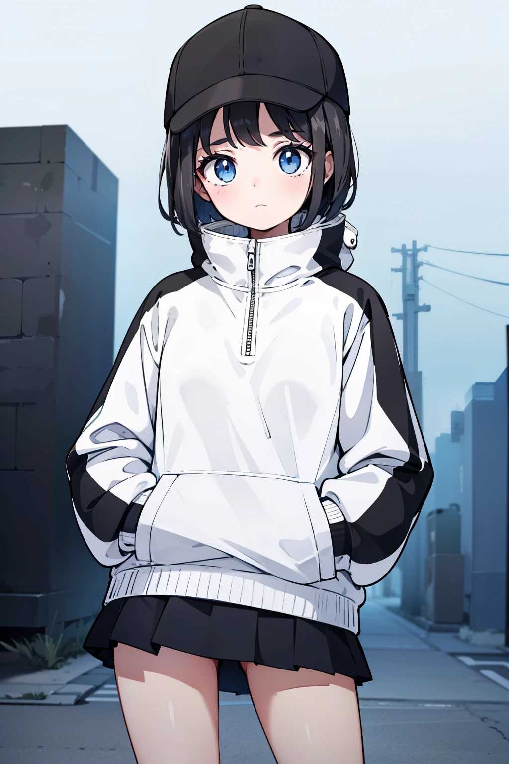 1girl, solo, blue eyes, (detailed eyes), flat chest, short hair, black hair, baseball cap, white cap, (waterproof jacket), large jacket, (white jacket), skirt, black skirt, black socks, standing, (hands in pockets), (((Closed sweater))), upper body, (white background), Transparent background, looking at viewe, ((masterpiece, illustration, best quality))