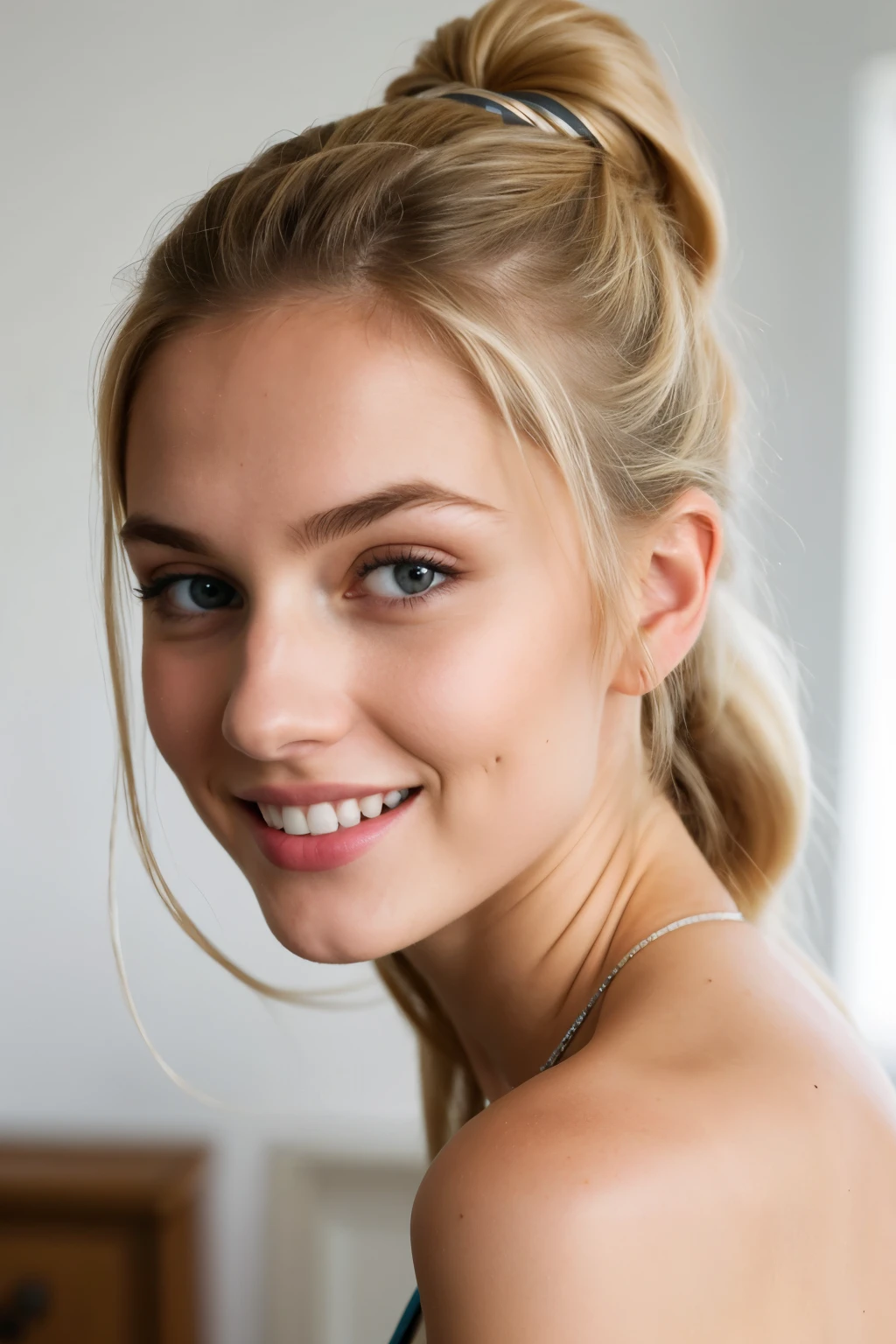 21, young, blonde hair, long hair, skinny, blue eyes, ponytail, naughty, smiley, licking lips, Surrealism, UHD, anatomically correct, 4K, high quality, textured skin, super detail, fotorealistisch, best quality, hyperdetailliert, Gorgeous woman, sommersprossen, mirror selfie, frisch, Schlafzimmer, Bett, Zahn, analoger Stil, Ansicht des Betrachters, Hauttextur, Filmkorn, Nahaufnahme, ultra high resolution, bester Schatten, ROH, Instagram-LUT, super model, beautyful face