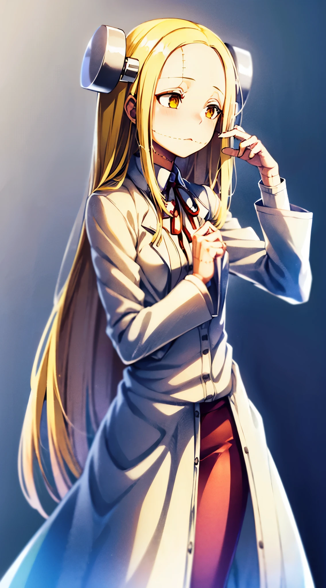 Madaraki_Fran,young woman, ((((wearing a white lab coat)))),((worried)), long hair , yellow hair,seams , Scars on the body , (hands up),speaks to a person,worried