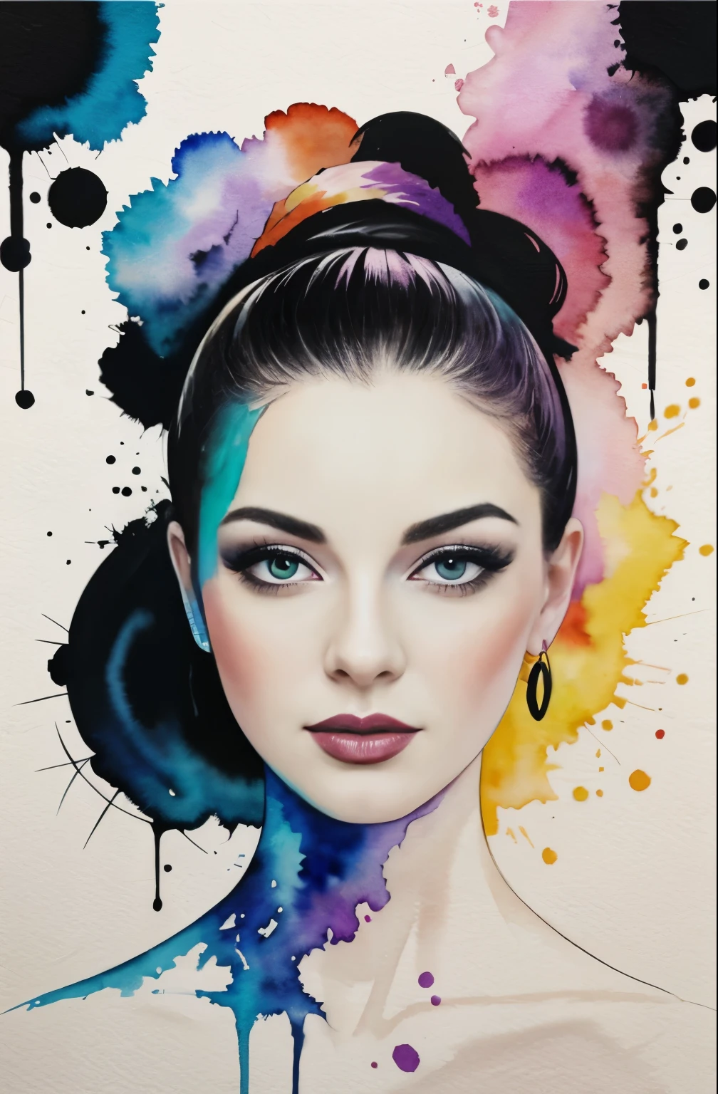 painting of a woman with a black and white face, Sylvia Pelissero watercolors, tumbler, abstract art, Intense watercolor painting, watercolor detailed art, Watercolor Splash, surreal, Avant-garde pop art, Beautiful and expressive paintings, Beautiful artwork illustration, very colorful tones, wonderful, cool beauty, highest quality,official art, women only, sharp outline, best shot, vector art