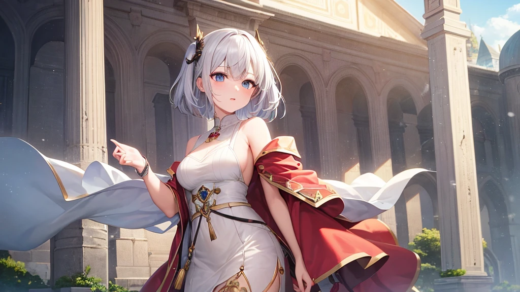 anime illustrated、Fantasia、gray haired female traveler、Dirty cloak、Explore the ruins of a forested city、White and gold costume、Ethnic patterns、Red and blue two-tone innerwear、1 persons、Colossal tits、Plump body