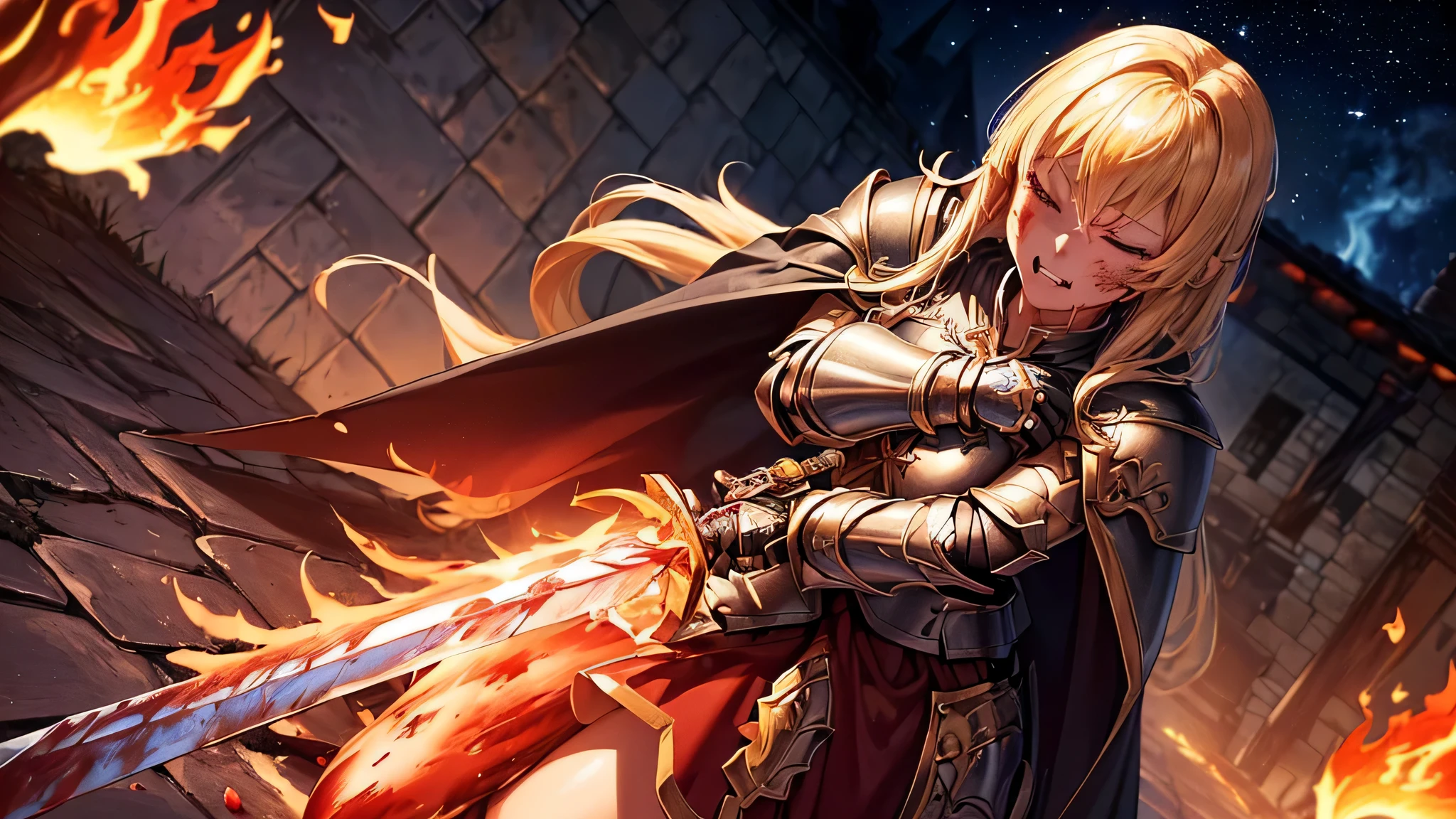 masterpiece,highest quality,Super detailed,(1 Female Knight),(((Equip a glowing sword))),(((She is equipped with paladin armor and cloak))),(suffered:1.2),(((She crouches、bleeding from the chest、I have my hands on my chest。))),(((clenched teeth))),(((one eye closed))),upper body shot,blonde hair,long hair,blue eyes,straight hair,(inflammation:1.5),(sunrise),(((Charming European cobblestone streets of a historic town))),(sparkling night view),(cosmic vortex),(((powerful pose))),(explosion:1.2),(pink lips:0.5),(A sparkling spectacle),(((heavy bleeding:1.5))),((Blood dripping from the mouth:1.1)),(burning edge:1.5)