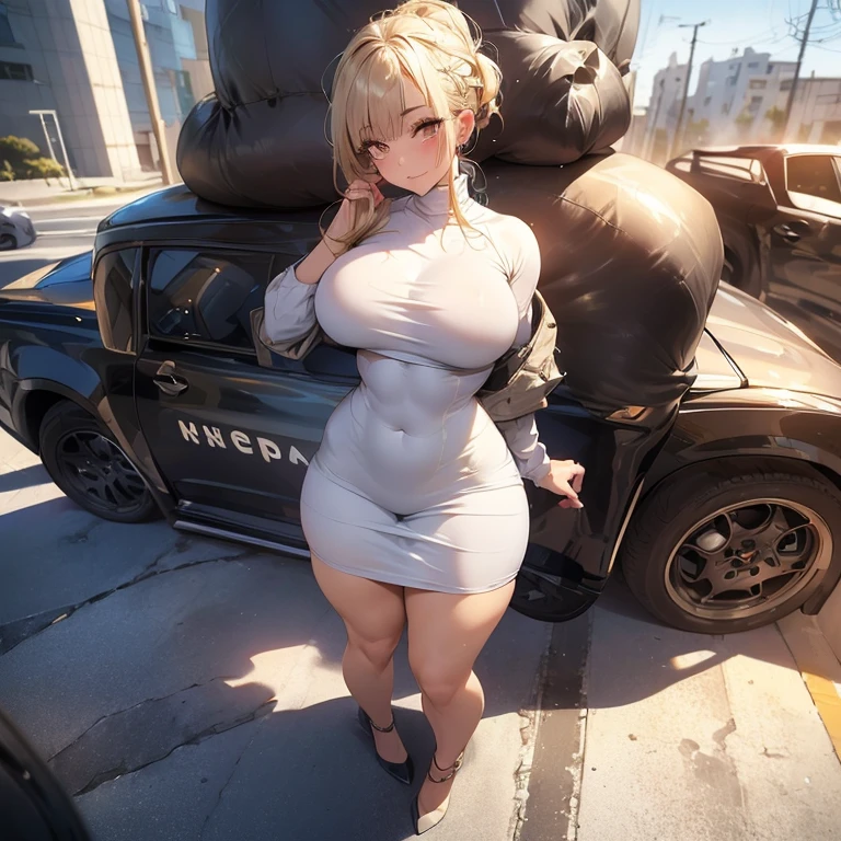 Super detailed, Beautiful, muste piece, best quality, detailed Beautiful round eyes, Beautifully detailed face, Full body Esbian, medium long hair, casual hairstyle, (Random colored hair, Golden mesh), Big eyes, random color eyes, long eyelashes, dark mascara, dark eyeliner, (broken big breasts, (Big breasts that are about to burst:1.4), Thick serving, thick waist), (wide hips:1.4, Tight thighs, body curve), long attractive legs, 40 years old, woman, (white turtleneck dress, short tight dress), perfect face, perfect body, sexy pose, (shy smile), random place, nature, (background morning sunlight), (solo)