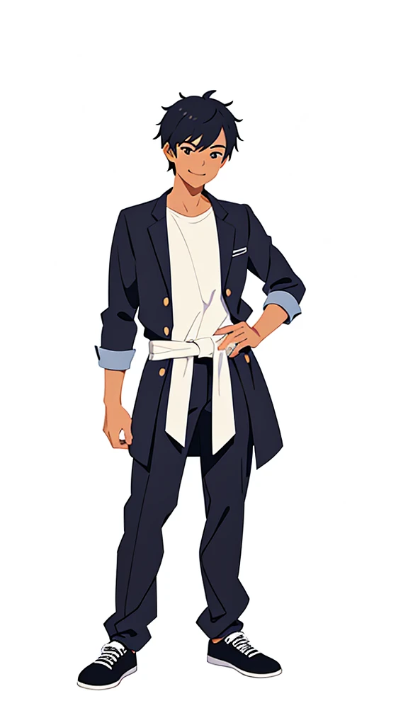 2d character, high resolution, high quality, masterpiece, png, male, ager, black hair, standing, hands beside the waist, smiling, happy, energetic, white background