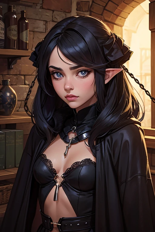 Uma bela jovem elfa de cabelos negros,olhos azuis,seios grandes,roupas rasgadas e sujas, chained in a dungeon, escrava elfa, dark dungeon with low light,arte detalhada