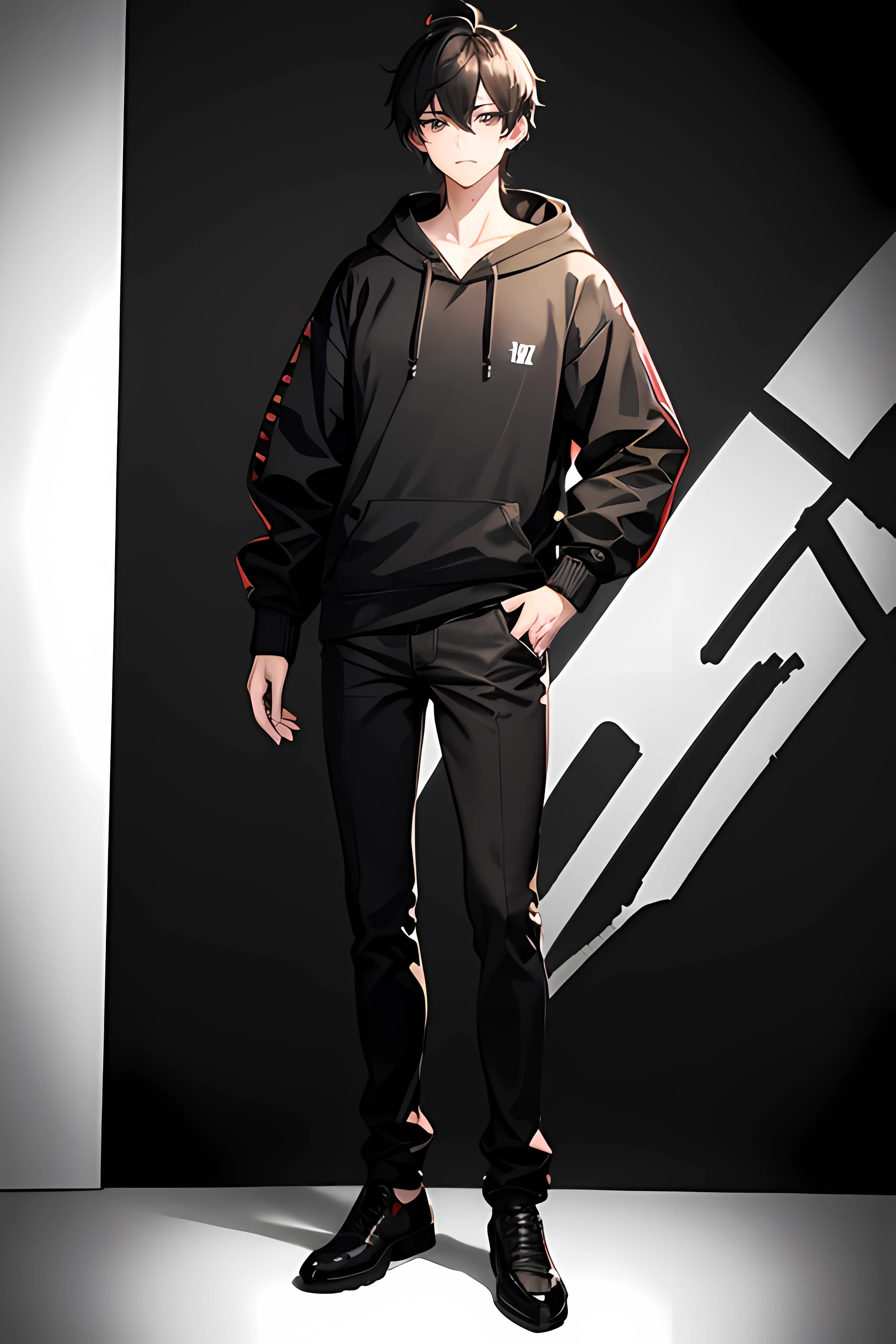 Tall handsome boy, with black messy hair, black eyes, detailed ,vtuber model, full body, standing, showing Full body from head to toe, cute boy, wearing hoodie with black detailed colouring, cool lighting, cool