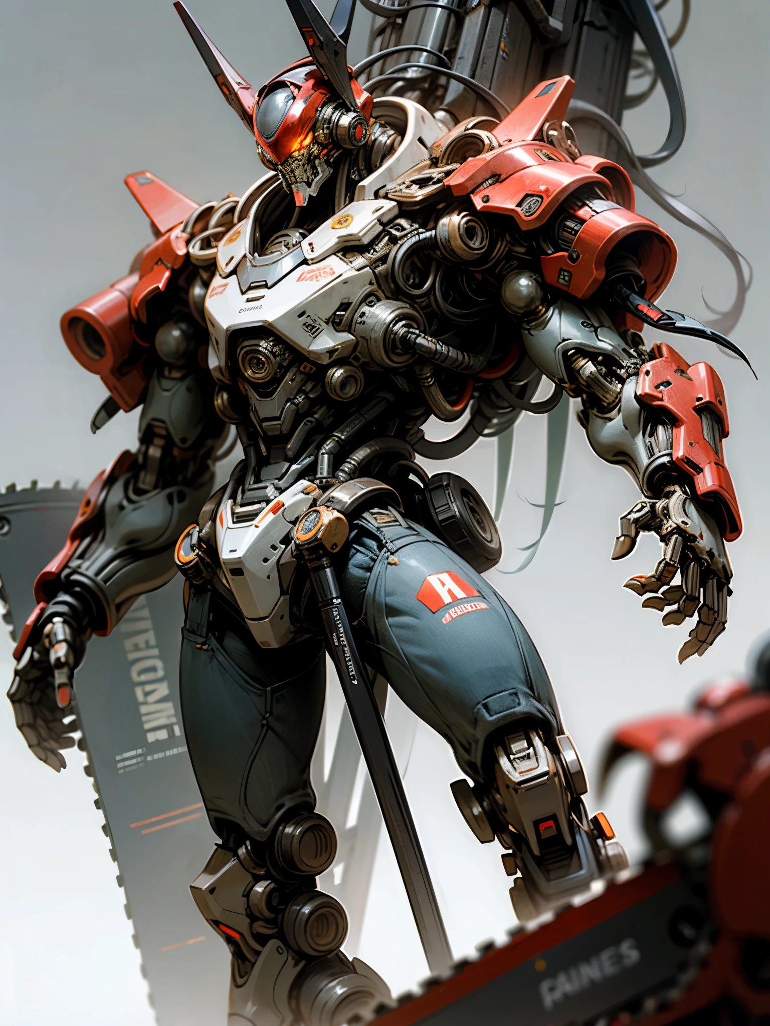 dark fantasy, cyberpunk, Mechanical Wonder, Chainsaw, Chainsaw Man, Red:1.1, cybernetic guardians, Robotic presence, 1 person