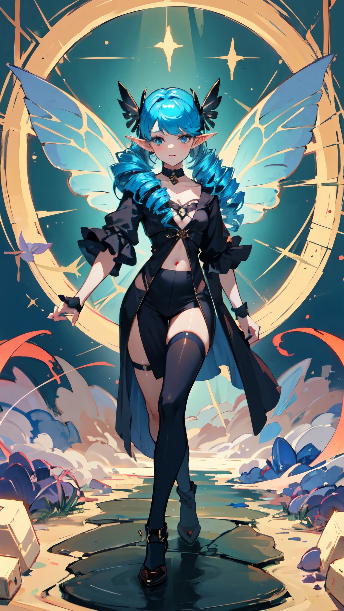 1 girl,solo, masterpiece, best quality,full-body shot，goblin，little man，Elf，butterfly wings，Very small，Thumbelina，perfect lighting, Double tail, drill hair, blue hair, blue eyes, Gwen, 