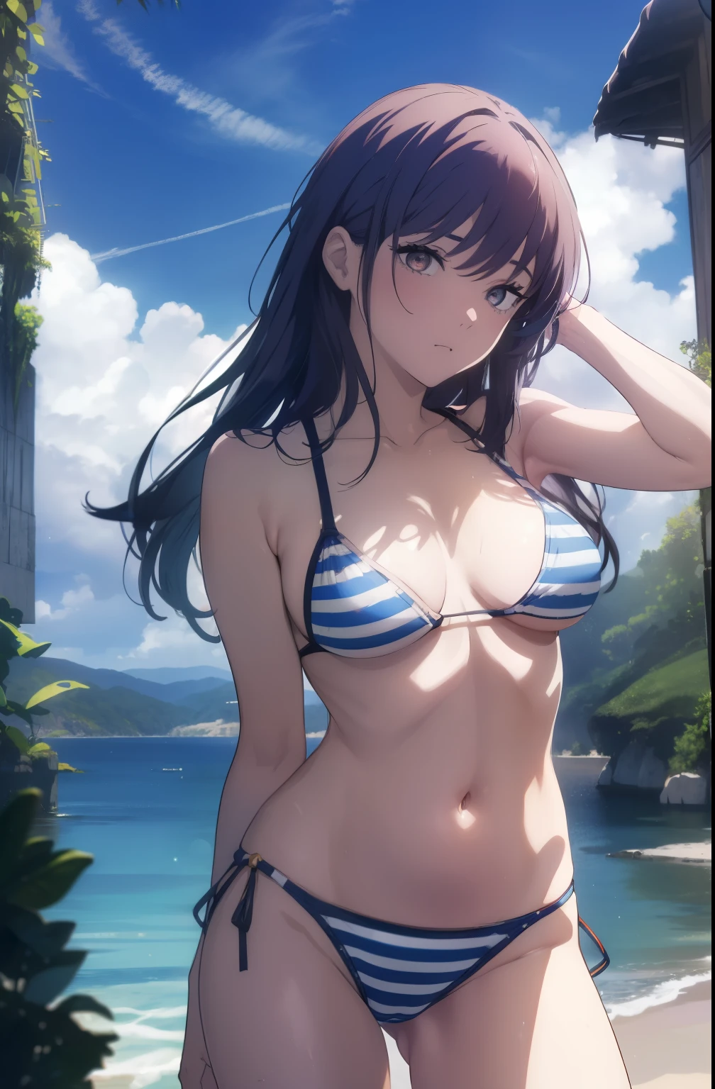 ((((Obra maestra, La mejor calidad, ultrahigh resolution)))), 1girl, two piece bikini, striped bikini, ringed eyes, blue striped bikini 