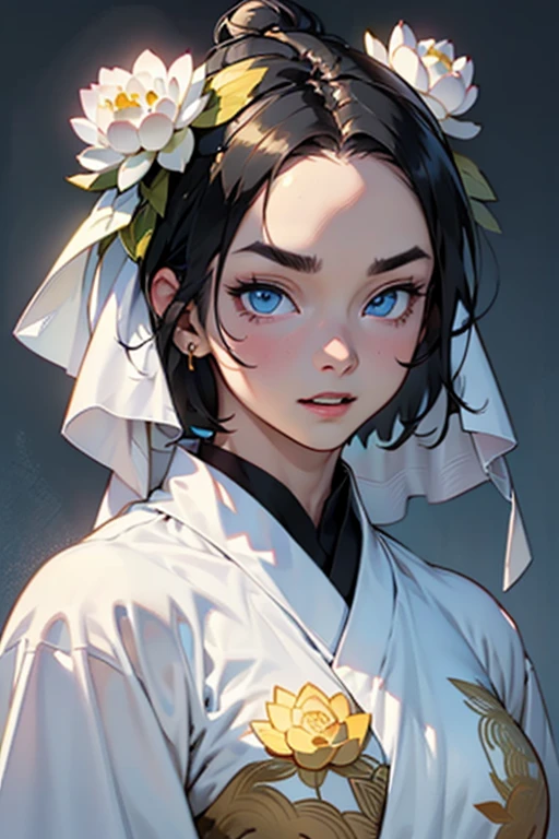(((Hysterical expression with hidden eyebrows))), beautiful, masterpiece, background, highest quality, Detailed image, ((((((1 girl)))))), ((((((muscular)))))), (((((portrait))))), 1 girl, alone, detailed face, Jaw roundness, (golden blue eyes, big), (glossy red lips), ((((abundant, shiny black hair)))), female focus, perfect eyes, Crystal clear white skin, Day々, 暖かいDay差し, atmosphere, clear texture, delicate texture, (transparent white silk robe), (Wearing gorgeous ancient Buddhist ornaments), (A number of exquisite white lotus ornaments々),