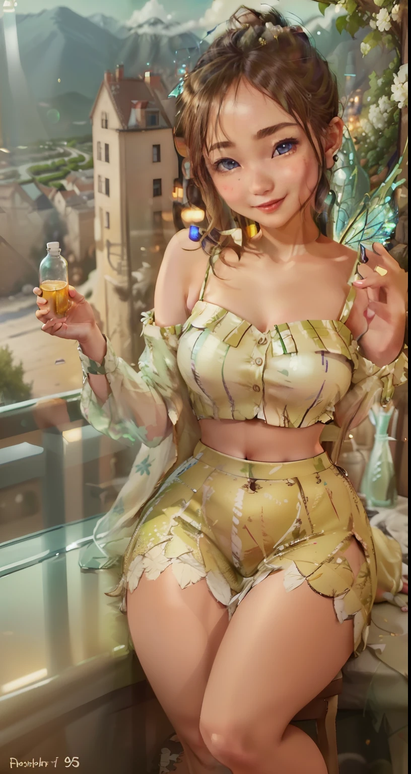 (Tinker Wife:1), smile, cute, cute pose, looking at the viewer, thick thighs, single hair bun hair, short hair, (Strapless Green Dress:1), (fairy wings), sitting, (chest focus:1.2), From above,
(realistic:1.2), (realism), (masterpiece:1.2), (highest quality), (Super detailed), (8K, 4K, Complex),(full body shot:1),(cowboy shot:1.2), (85mm),particles of light, lit, (very detailed:1.2),(detailed face:1.2), (Gradation), software, colorful,(fine eyes:1.2),
(detailed landscape, in a glass bottle:1.2),(detailed background),detailed landscape, (dynamic angle:1.2), (dynamic pose:1.2), (third law_composition:1.3), (Action range:1.2), wide shot, dawn, alone,