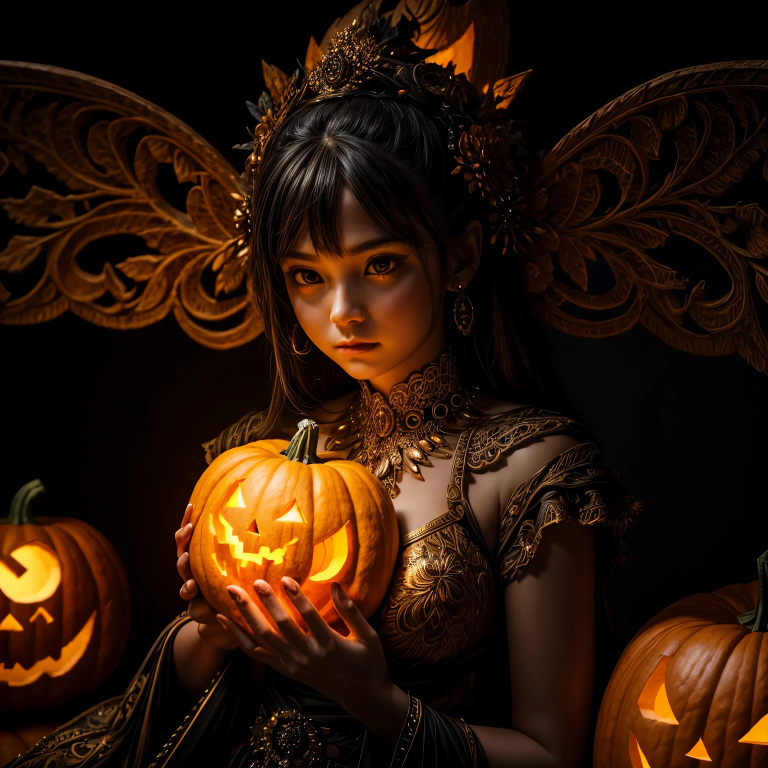 best quality, 32k, RAW photo, incredibly absurdres, extremely detailed, artwork, pumpkins carved in a goddess, dark background, light up, delicate, flashy and dynamic depiction