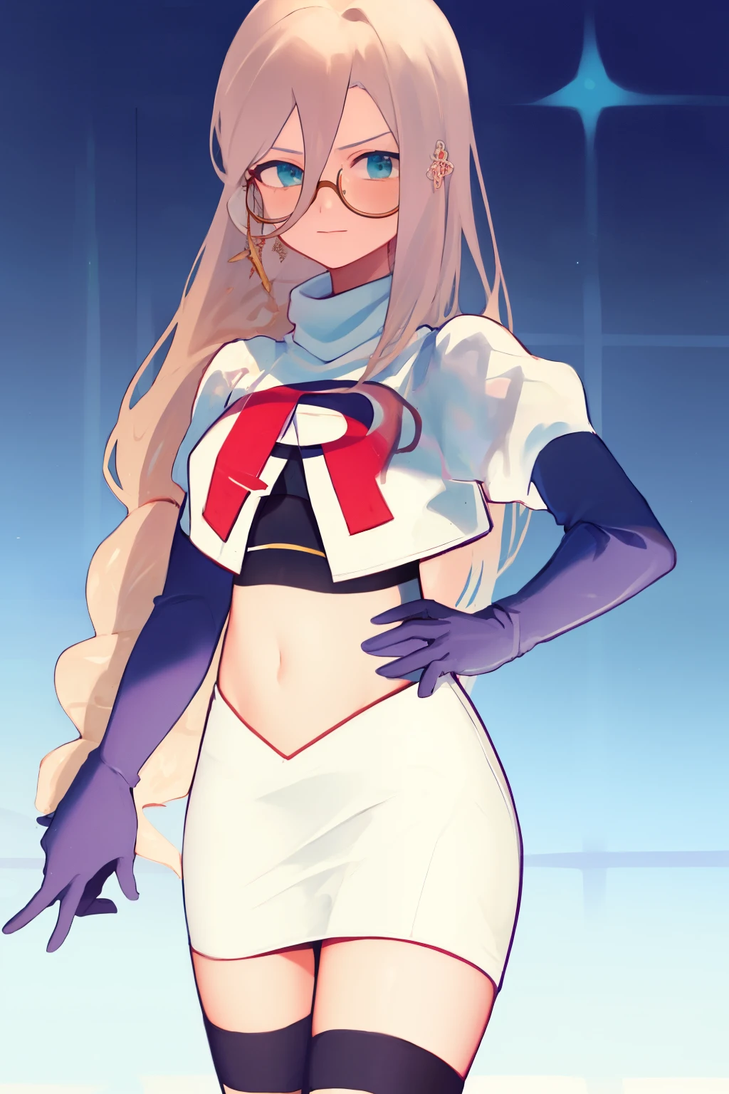 masterpiece, detailed, high quality, absurdres, aiaamare, 1girl, solo, glasses, cowboy shot,team rocket,team rocket uniform, red letter R, white skirt,white crop top,black thigh-highs, black elbow gloves,