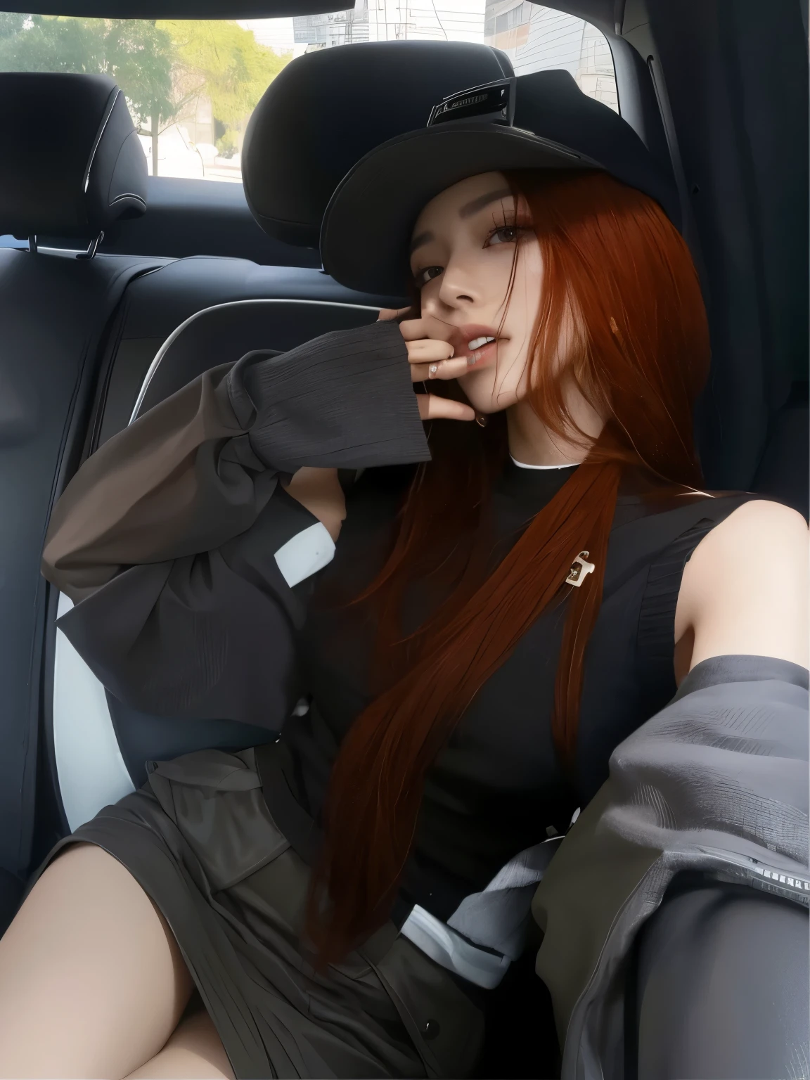 There's a woman sitting in a car with a hat on, sentada no carro dela, jossi do blackpink, Jisoo do Blackpink, Ulzzang, ela tem cabelo longo redoranjado, portrait of jossi do blackpink, kda, Sun Yunjoo, Jisoo do Blackpink, ela tem longos cabelos ruivos alaranjados, com cabelo ruivo, com longos cabelos ruivos