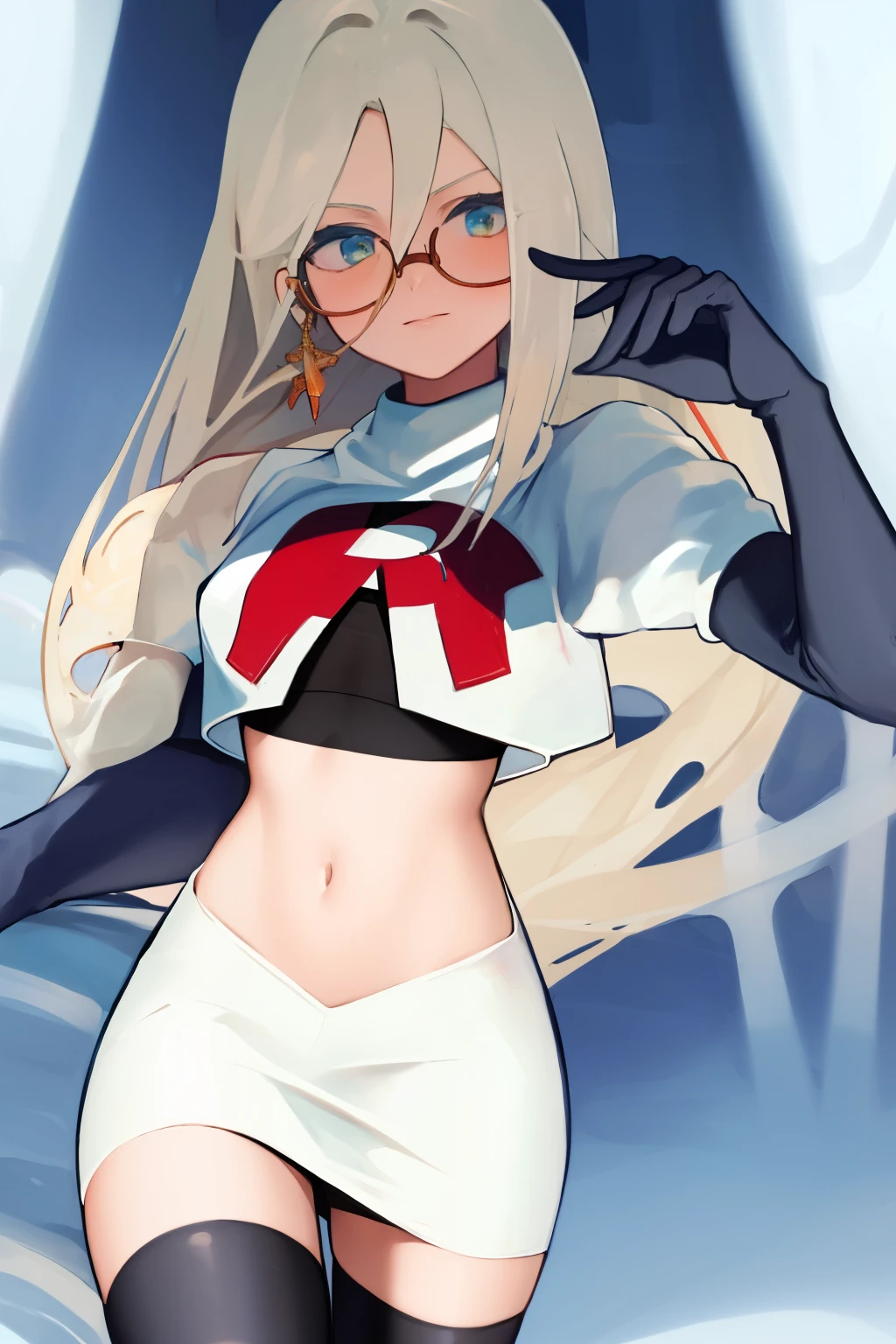 masterpiece, detailed, high quality, absurdres, aiaamare, 1girl, solo, glasses, cowboy shot,team rocket,team rocket uniform, red letter R, white skirt,white crop top,black thigh-highs, black elbow gloves,