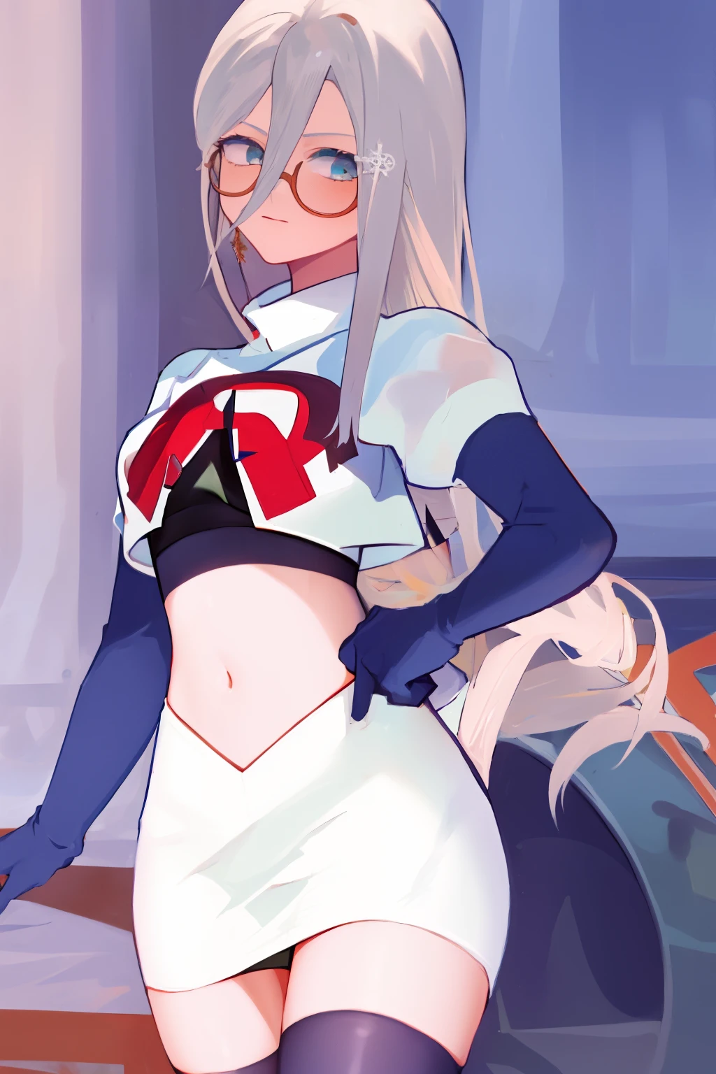 score_9, score_8_up, score_7_up, BREAK, 1girl, necoarc, cat ears, bare shoulders, lucy \(cyberpunk\), 1girl, short hair, bangs, multicolored hair, multicolored eyes, red eyeliner, makeup, black belt, bodysuit, highleg leotard, white open jacket, white short shorts, hip vent, thighhighs boots, chibi, slit pupils, solo, full body, white background , hair ornament, red headband, red glasses, sleeveless shirt, white coat, black skirt, red leggings, gloves, high heels