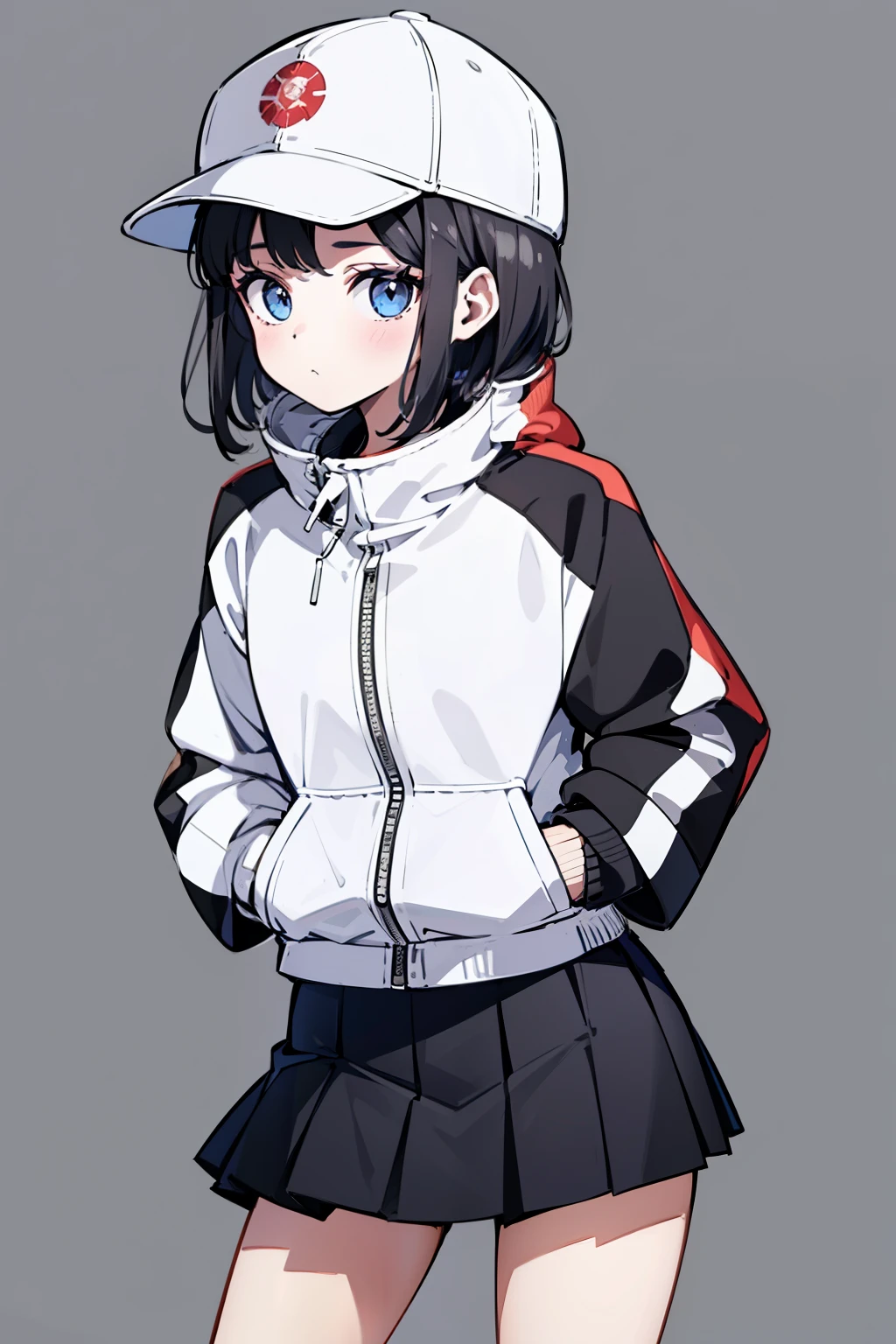 1girl, solo, blue eyes, (detailed eyes), flat chest, short hair, black hair, baseball cap, white cap, (waterproof jacket), large jacket, (white jacket), skirt, black skirt, black socks, standing, (hands in pockets), ((Closed jacket)), upper body, (white background), Transparent background, looking at viewe, ((masterpiece, illustration, best quality)) 