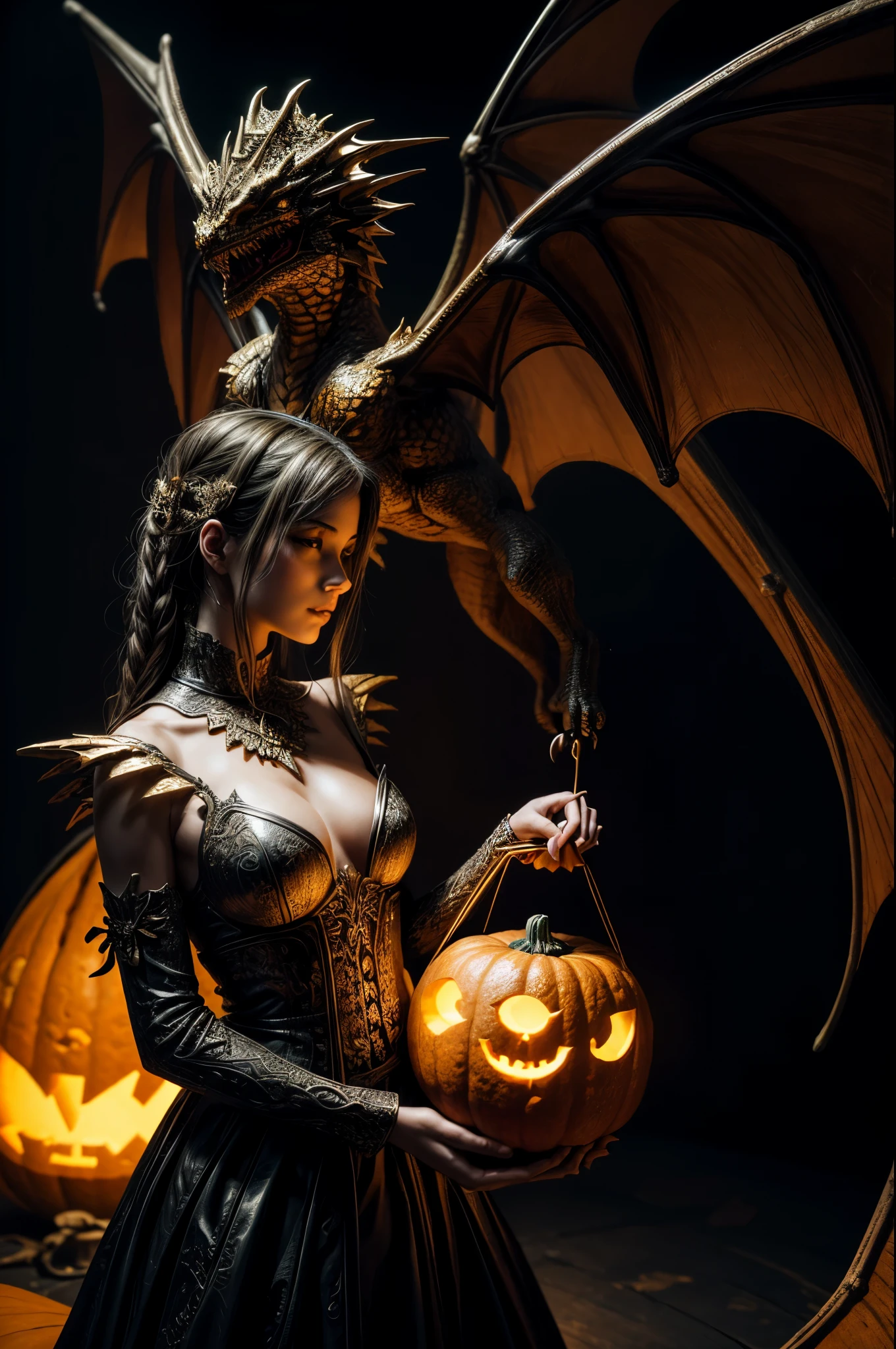 best quality, 32k, RAW photo, incredibly absurdres, extremely detailed, artwork, an Angel holding a pumpkin lantern carved with a dragon, artistic, clean lines, ambient light, dark background, light up, delicate, flashy and dynamic depiction