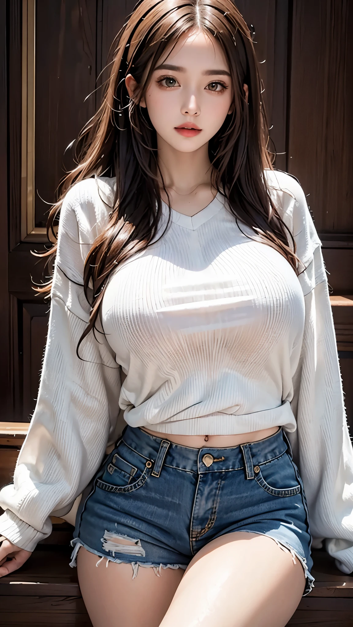 lifelike, high resolution, soft light,1 female, alone, Buttocks up, look at the audience, (Detailed face), long hair, tattoo, jewelry, sweater, shorts，huge breast,huge breast,expose breast,expose breast,
