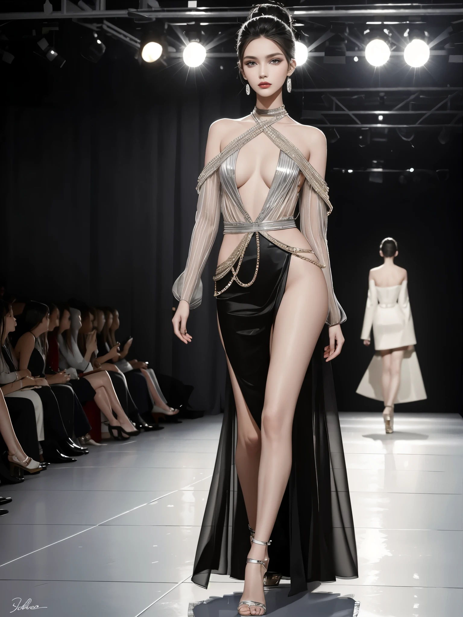 "Captivate the audience with a prompt that sets the stage for a model walking the catwalk: 'Elegance meets avant-garde as a trailblazing model graces the runway, embodying confidence, style, and the allure of high fashion. Describe the atmosphere, the designer's vision, and the model's poised strides that leave an indelible mark on the fashion world.'"