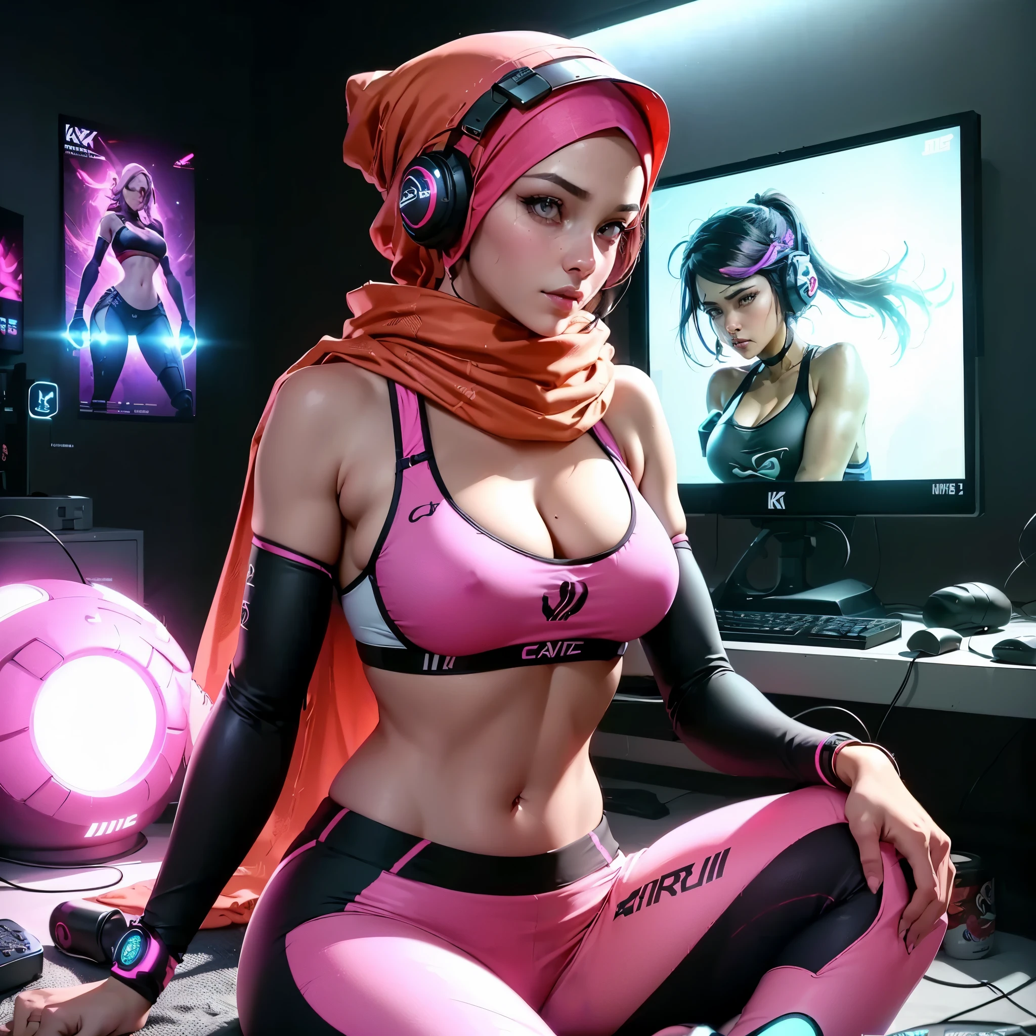 Capture the essence of a woman passionately immersed in the world of gaming while proudly wearing luxury sport hijab, luxury sport bra with neon effect and sport skirt, wear headphone. show her cleaveage. Set the scene in a comfortable, well-lit room with a modern and stylish setup. The room is decorated with gaming posters, LED lights, and a few gaming collectibles placed strategically around her setup, room full of gaming gear, expressing her passion for gaming. A headset rests nearby, indicating her dedication to clear communication during gameplay. Above all, convey a sense of empowerment and pride in her identity as a gamer, highlighting how she breaks stereotypes by confidently showcasing her love for gaming while wearing her hijab. In the background, a cozy atmosphere is depicted with soft furnishings and warm colors. The room feels inviting and personalized, showing a glimpse of her personality beyond gaming. masterpiece, best quality:1.2),(8k,highres,RAW photo,realistic,photo-realistic:1.3),(detailed skin texture,detailed cloth texture,beautiful detailed face:1.25),professional lighting,photon mapping,beautiful soft light,radiosity,physically-based rendering,model shoot style, model shoot style, (extremely detailed CG unity 8k wallpaper), full shot body photo of the most beautiful artwork in the world, complex 3d render ultra detailed, looking at viewer, 18 yo, real human skin, vibrant details, hyperrealistic, beautiful, octane render, an extremely delicate and beautiful, extremely detailed ,CG ,unity ,wallpaper,Amazing, finely detail,official art,extreme detailed eyes, (perfect face), shiny skin, colorful, highest detailed, vibrant colors, ultra high res, (high contrast), intricate, lens flare
