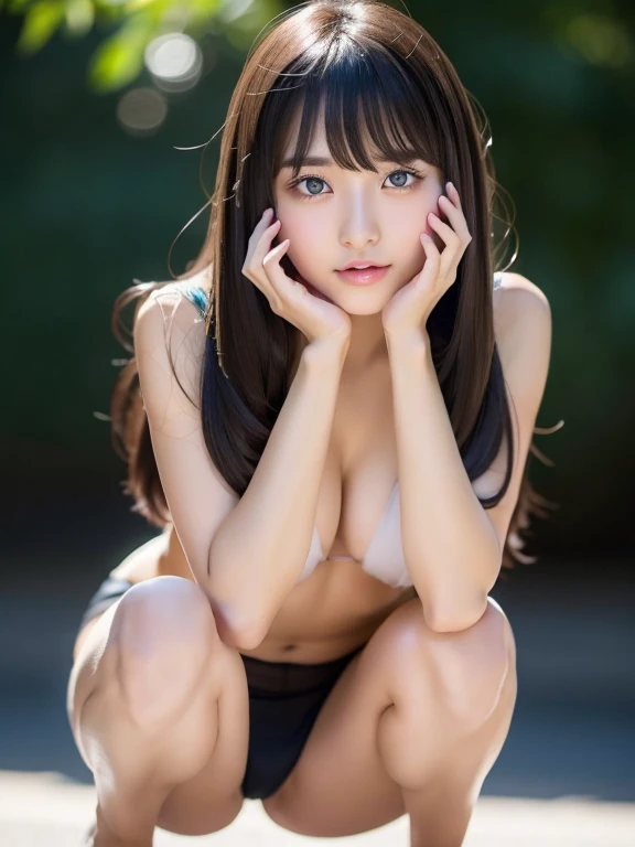 Sexy 17 year old girl with shiny dark silky hair dazzling、Cute sexy little beautiful face with shiny hair, beautiful cute face、long silky bangs covering the eye, beautiful pale light blue big eyes、 Straight silky hair with super long hair that hides the face、Sexy cute young woman、Small face beauty、Pure white and beautiful shiny skin、public hair, skinny, squatting, spread her legs, thick thigh, full body nudist.