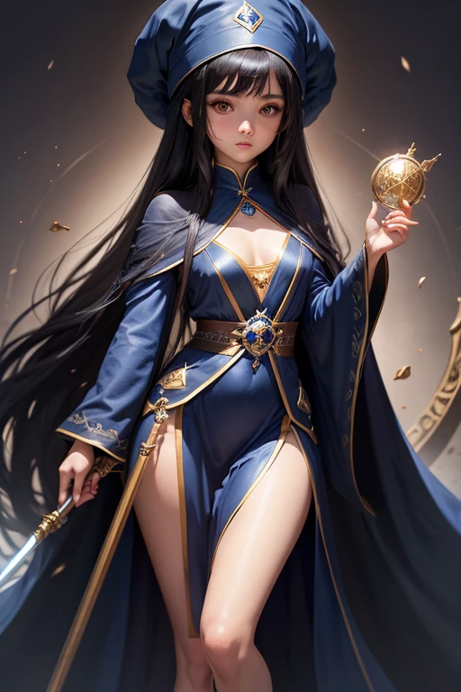 cute girl　black hair　long hair　wizard　blue gem wand　black robe