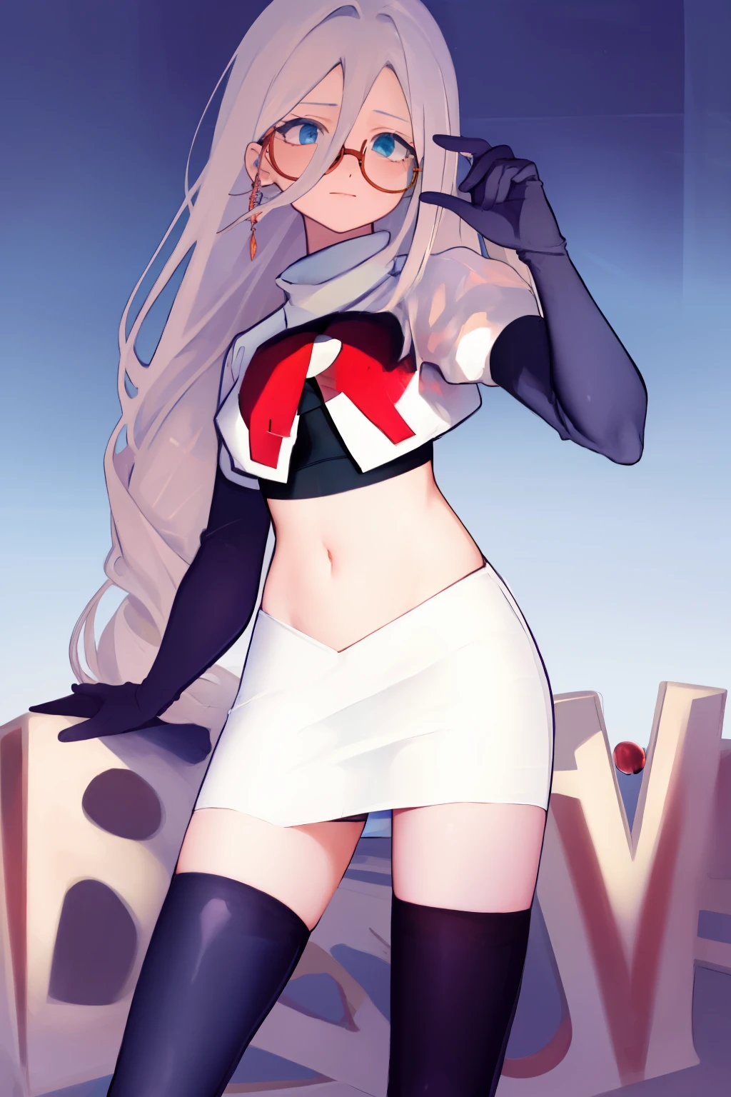 masterpiece, detailed, high quality, absurdres, aiaamare, 1girl, solo, glasses, cowboy shot,team rocket,team rocket uniform, red letter R, white skirt,white crop top,black thigh-highs, black elbow gloves,